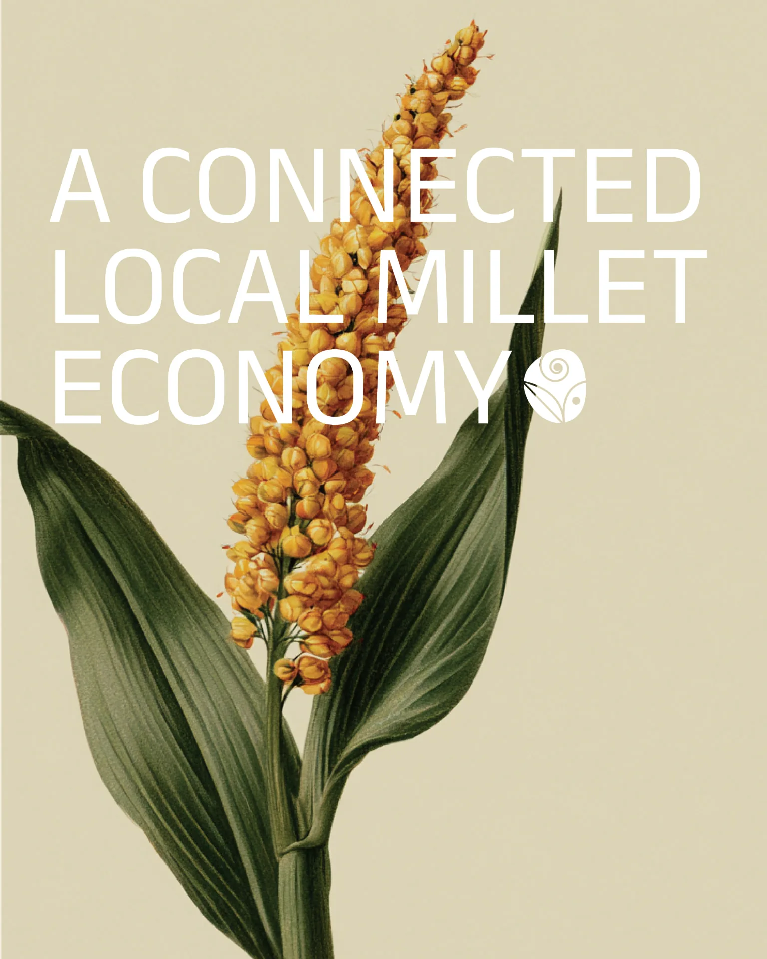 Visv Foundation poster — botanical millet illustration with the circular seed emblem and the line “A connected local millet economy”
