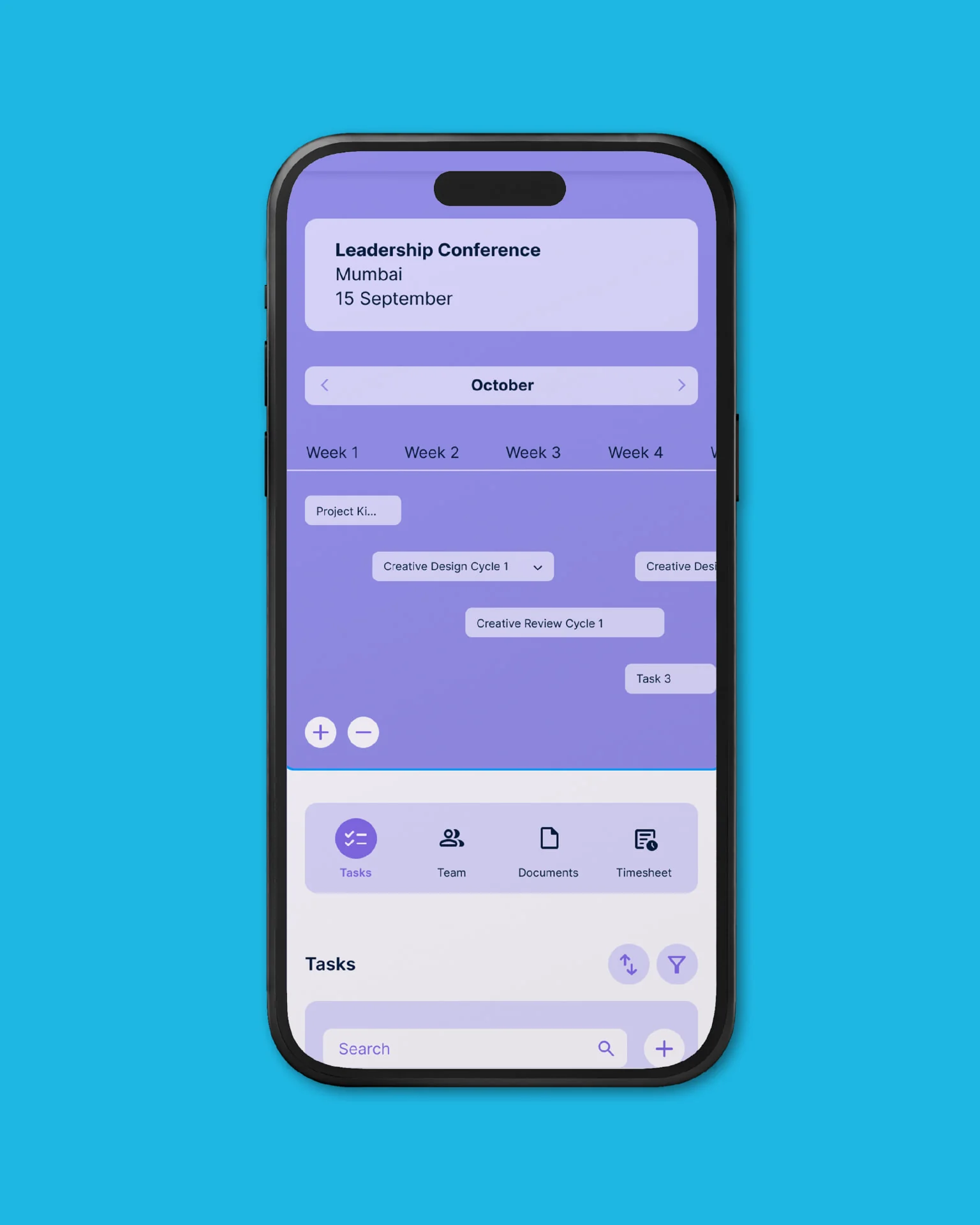 Praloop mobile app — a lavender project dashboard showing an event card, a weekly timeline and a tasks view, on a cyan background