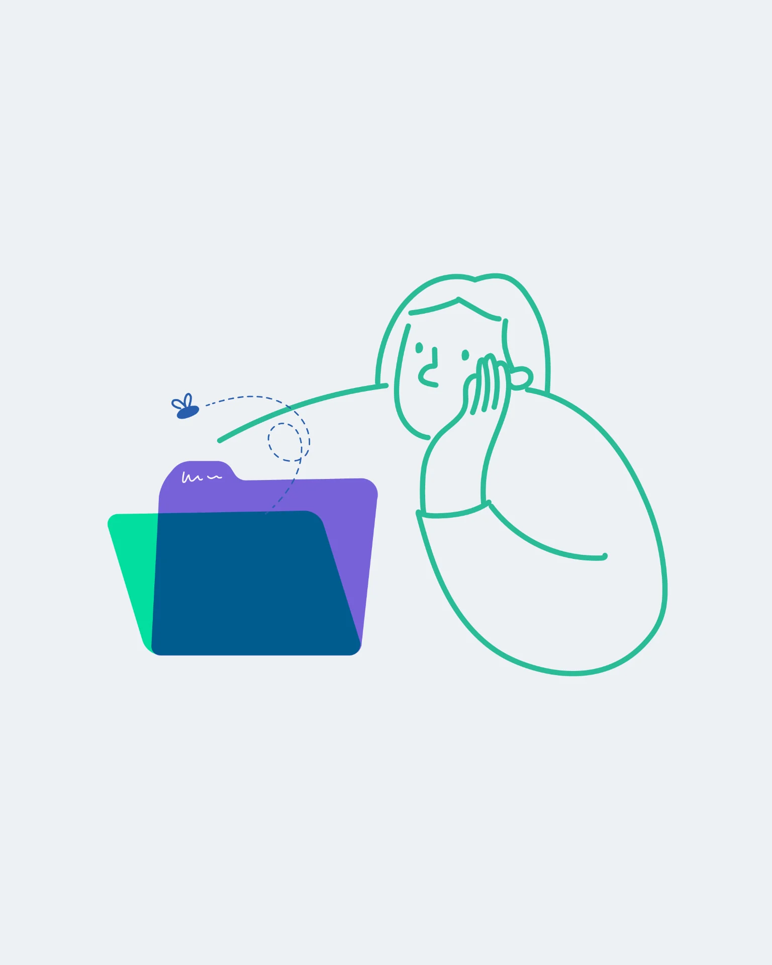 Praloop illustration — a line-drawn figure resting their chin on their hand as a fly rises out of an open teal, navy and violet folder