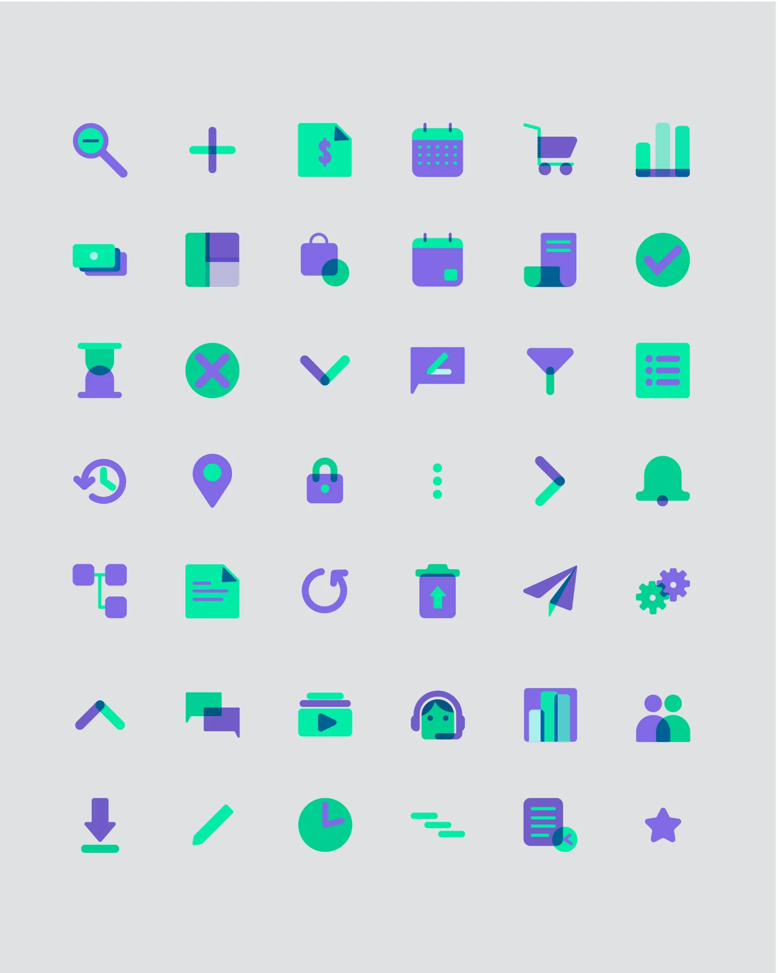 Praloop icon set — forty-two dual-tone icons in overlapping teal and violet layers, arranged in a grid