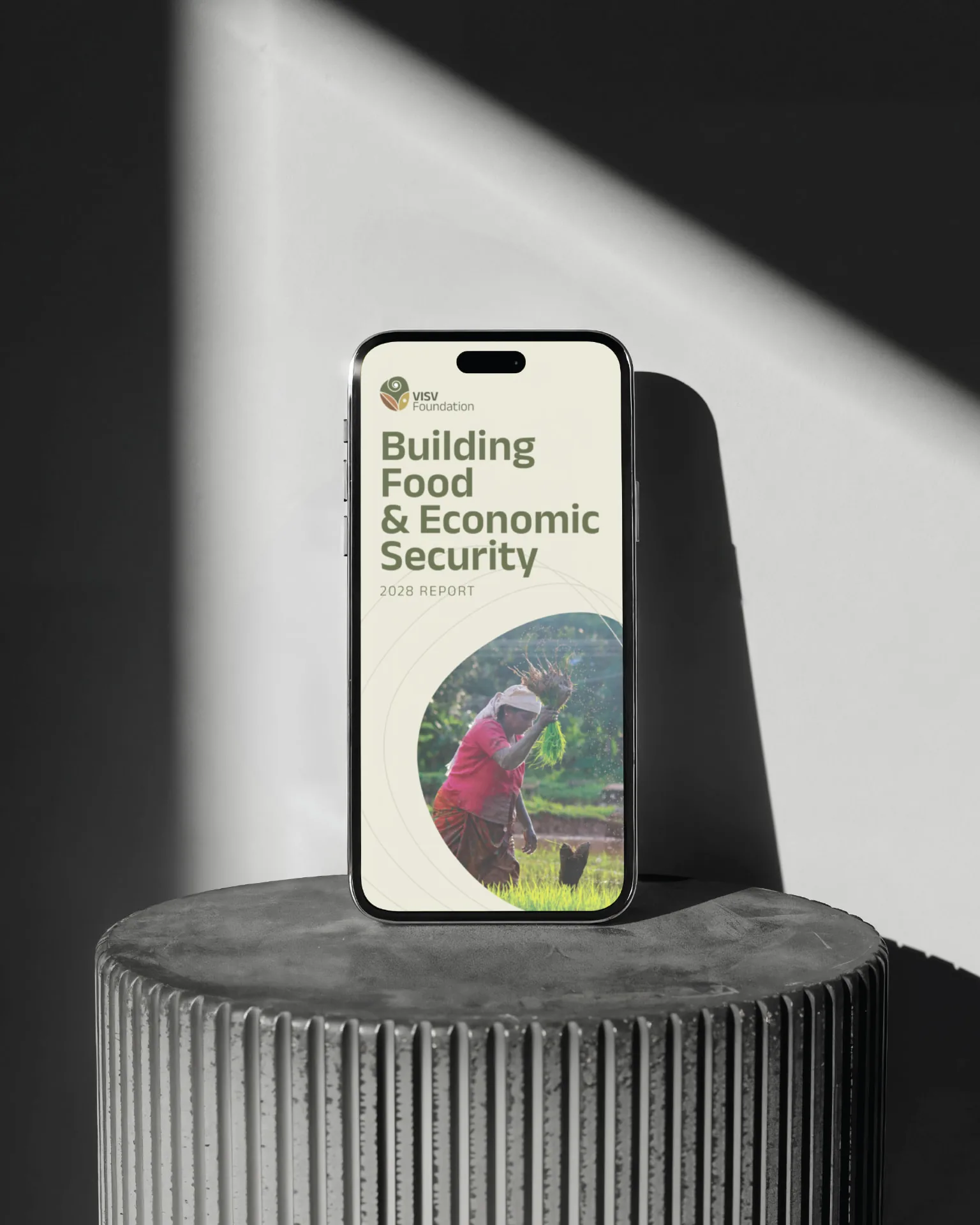 Visv Foundation report cover on a phone — the 2028 report titled “Building Food & Economic Security” carrying the VISV logo over a photograph of a farm worker