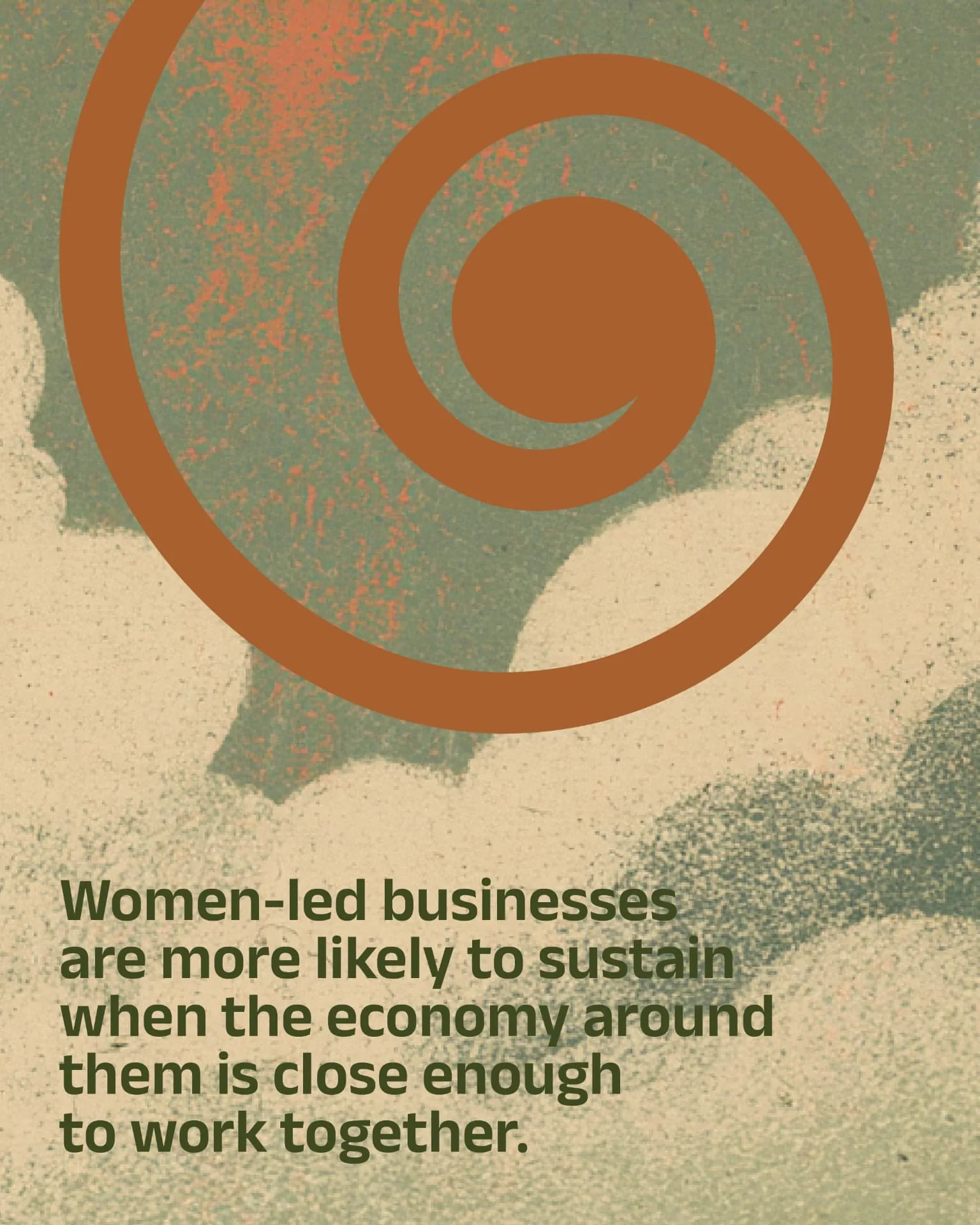 Visv Foundation poster — terracotta spiral emblem on a textured earth ground with the quote “Women-led businesses are more likely to sustain when the economy around them is close enough to work together”