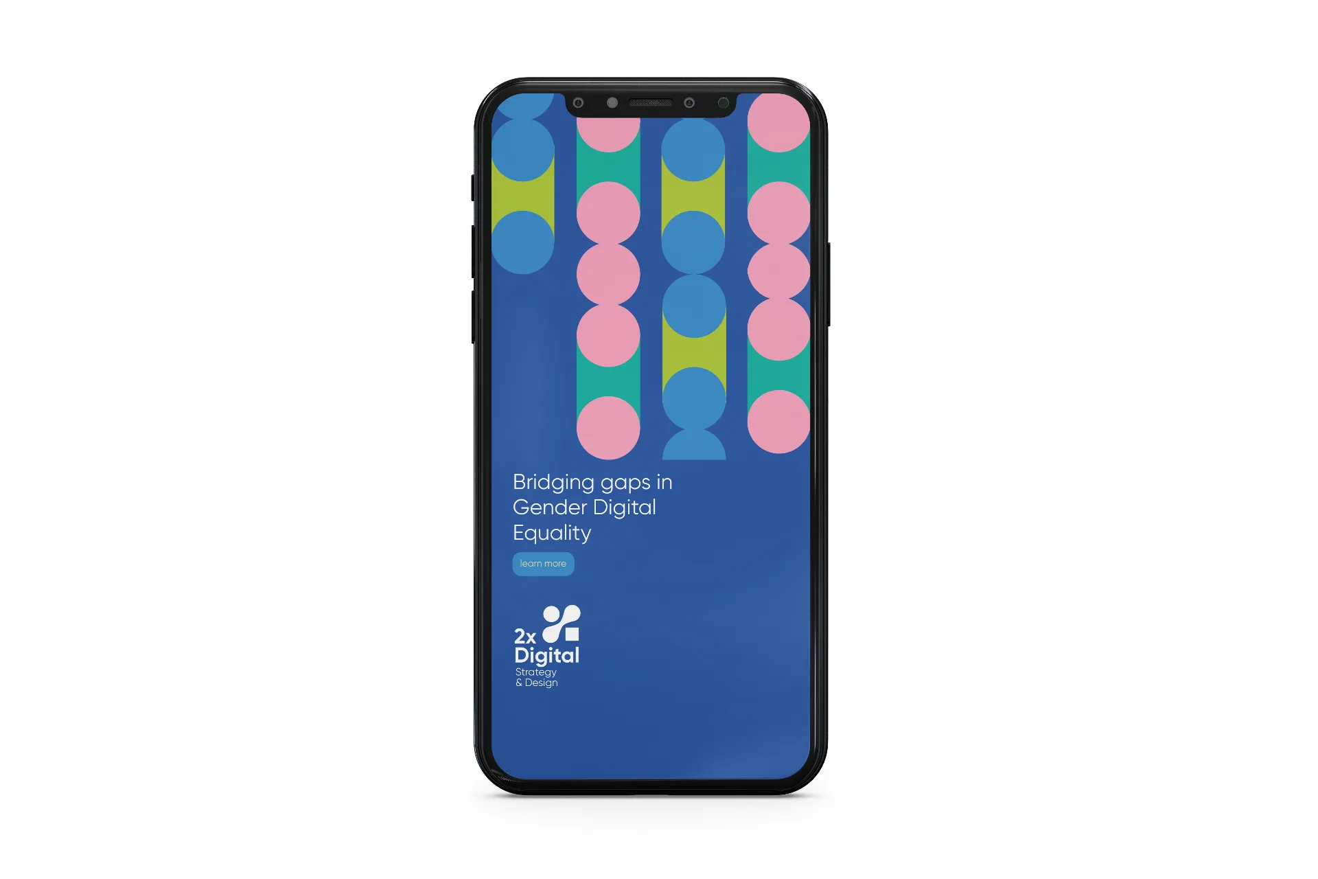 2X Digital mobile website design showing Bridging gaps in Gender Digital Equality with chromosome pattern