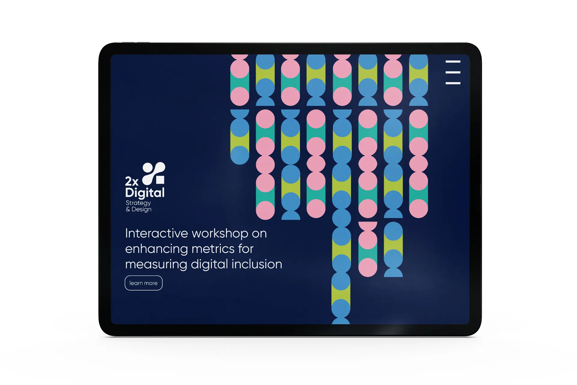 2X Digital tablet website showing interactive workshop on enhancing metrics for measuring digital inclusion