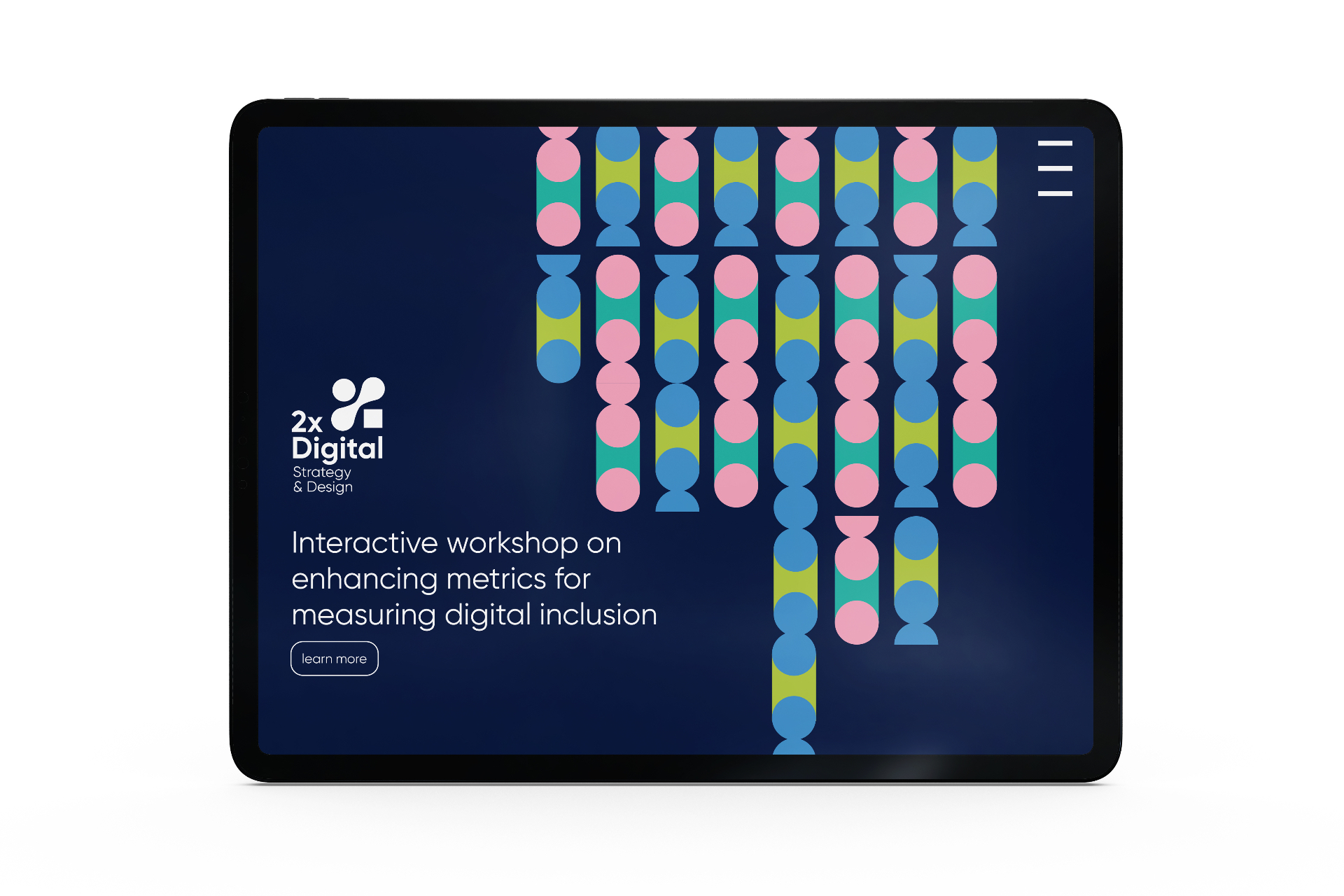 2X Digital tablet website showing interactive workshop on enhancing metrics for measuring digital inclusion