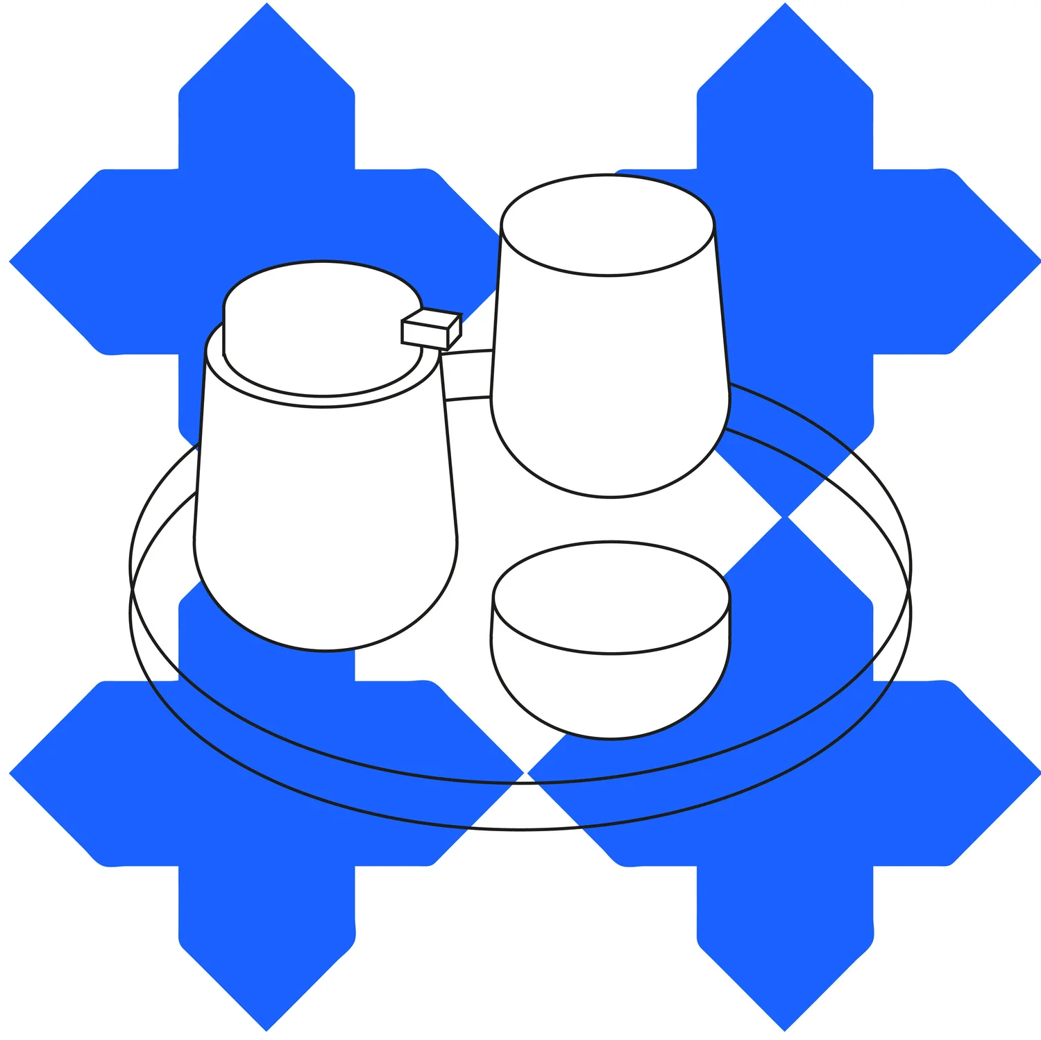 BFT Home illustrated product reveal with blue geometric pattern and ceramic vessels