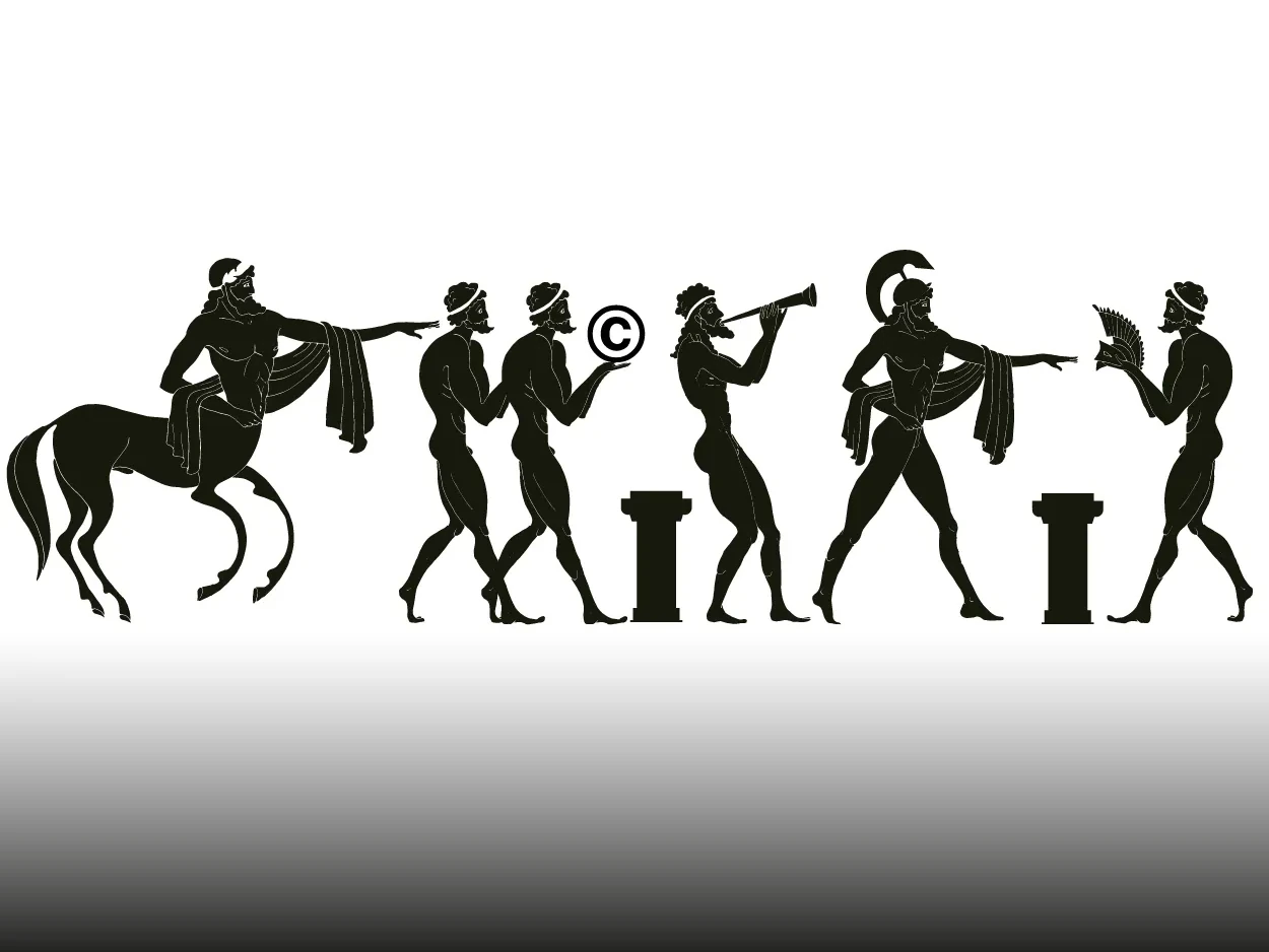 Greek black-figure frieze of a procession carrying a copyright symbol — Branding and Mythology