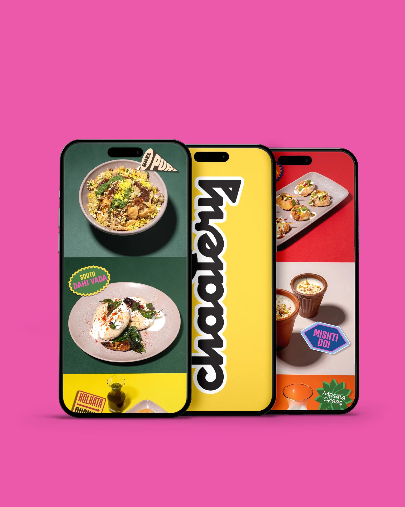 CHAATERY - Mobile app mockups showcasing menu items and branding on pink background
