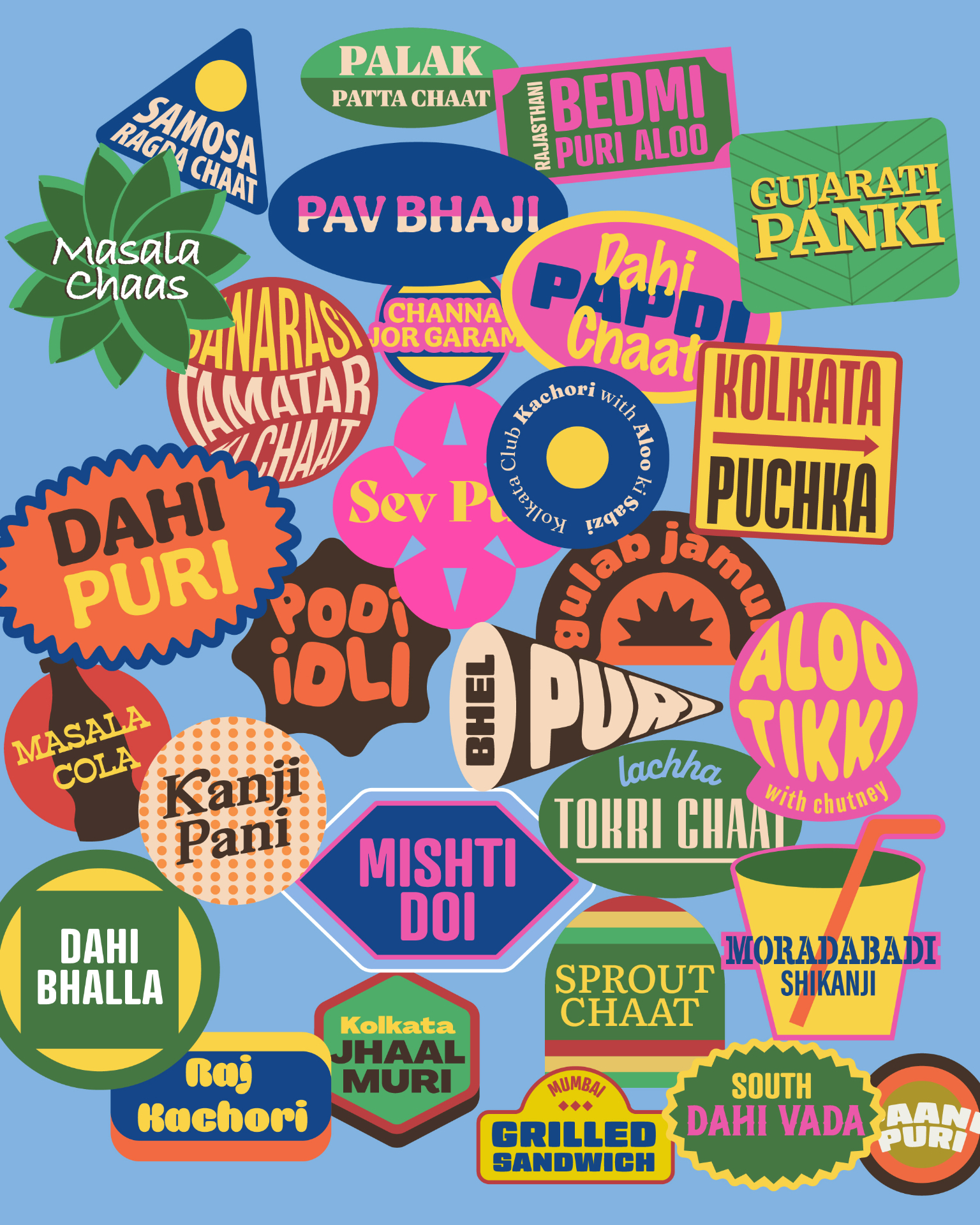 CHAATERY - Vibrant menu stickers showcasing diverse chaat varieties from across India