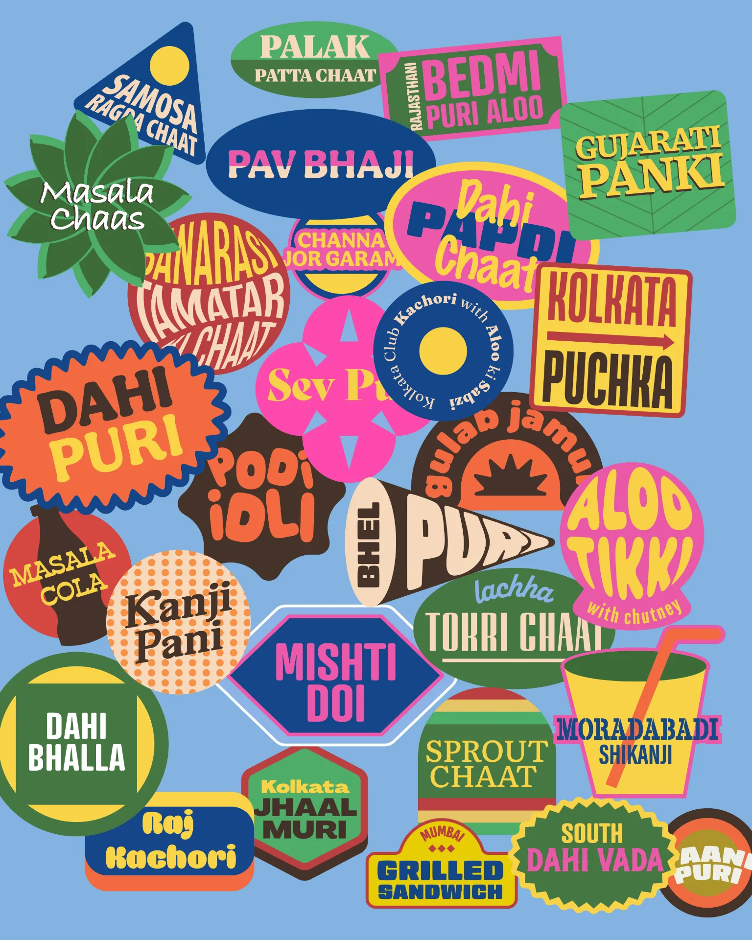 CHAATERY - Vibrant menu stickers showcasing diverse chaat varieties from across India