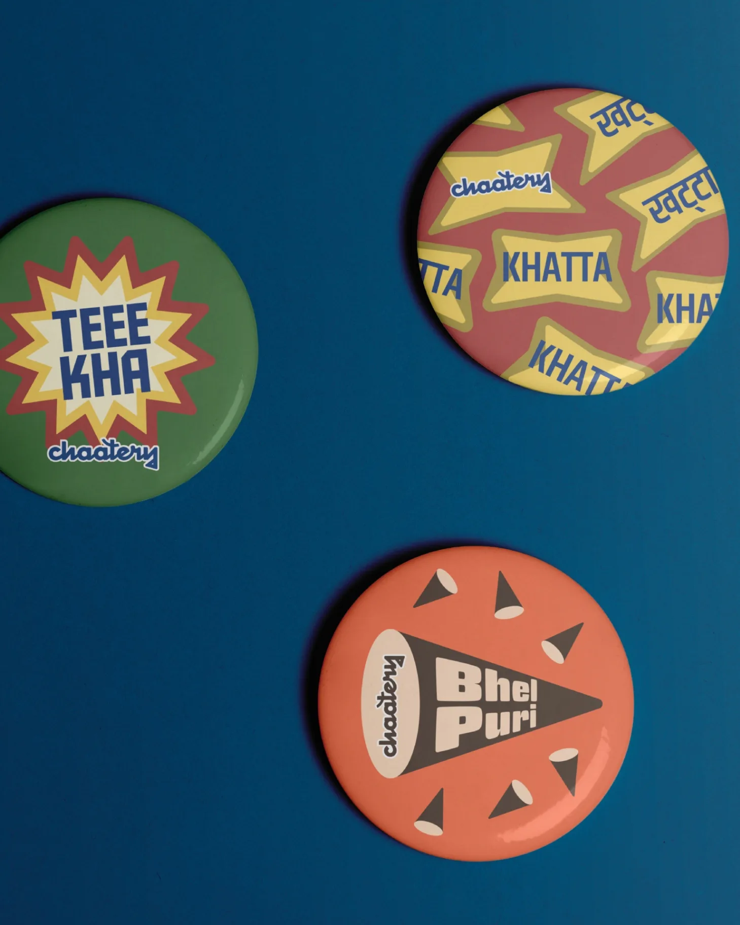 CHAATERY - Circular brand badges with colorful typography including Teef Kha, Khatta, and Bhel Puri