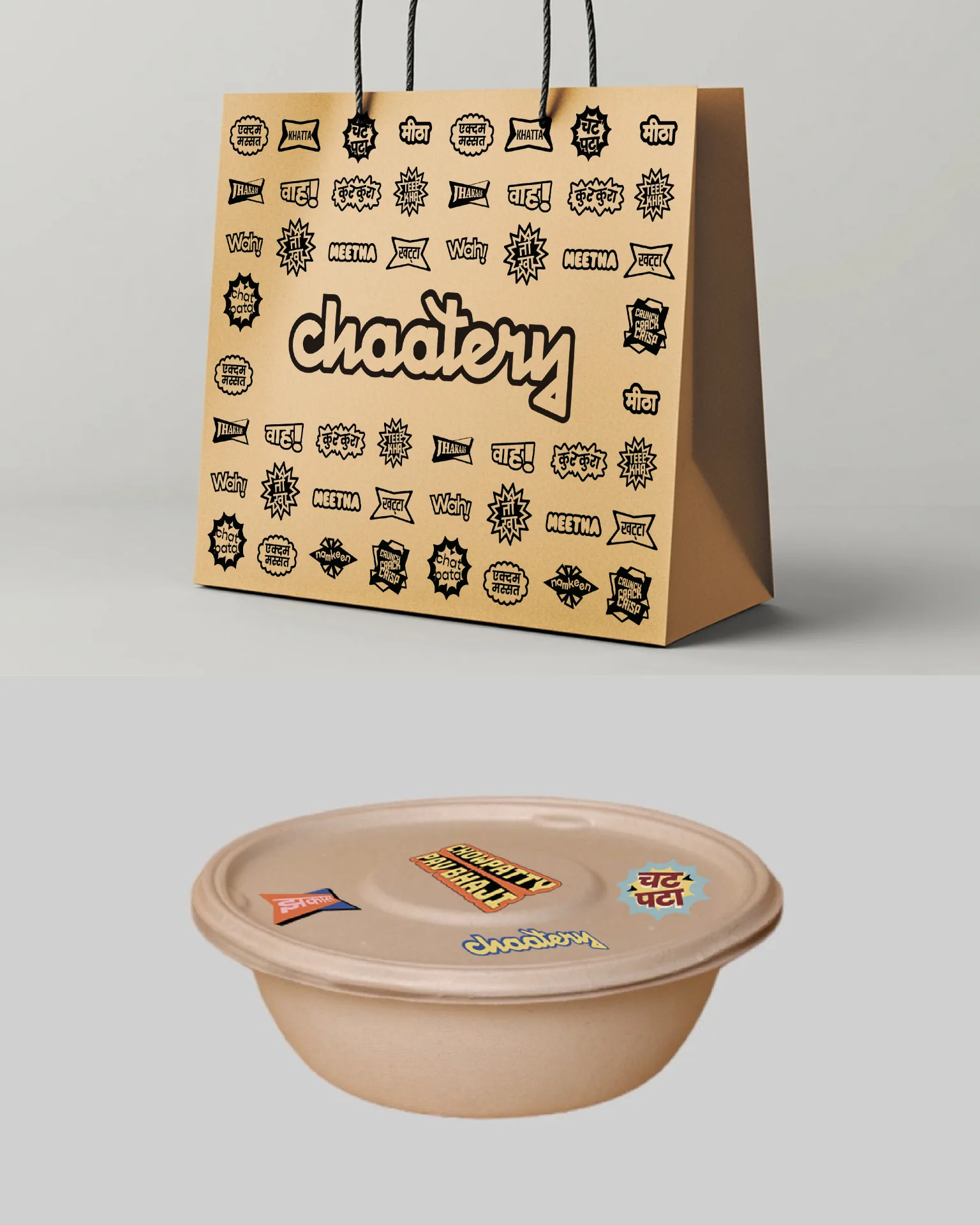 CHAATERY - Branded kraft paper takeaway bag and bowl with playful sticker pattern