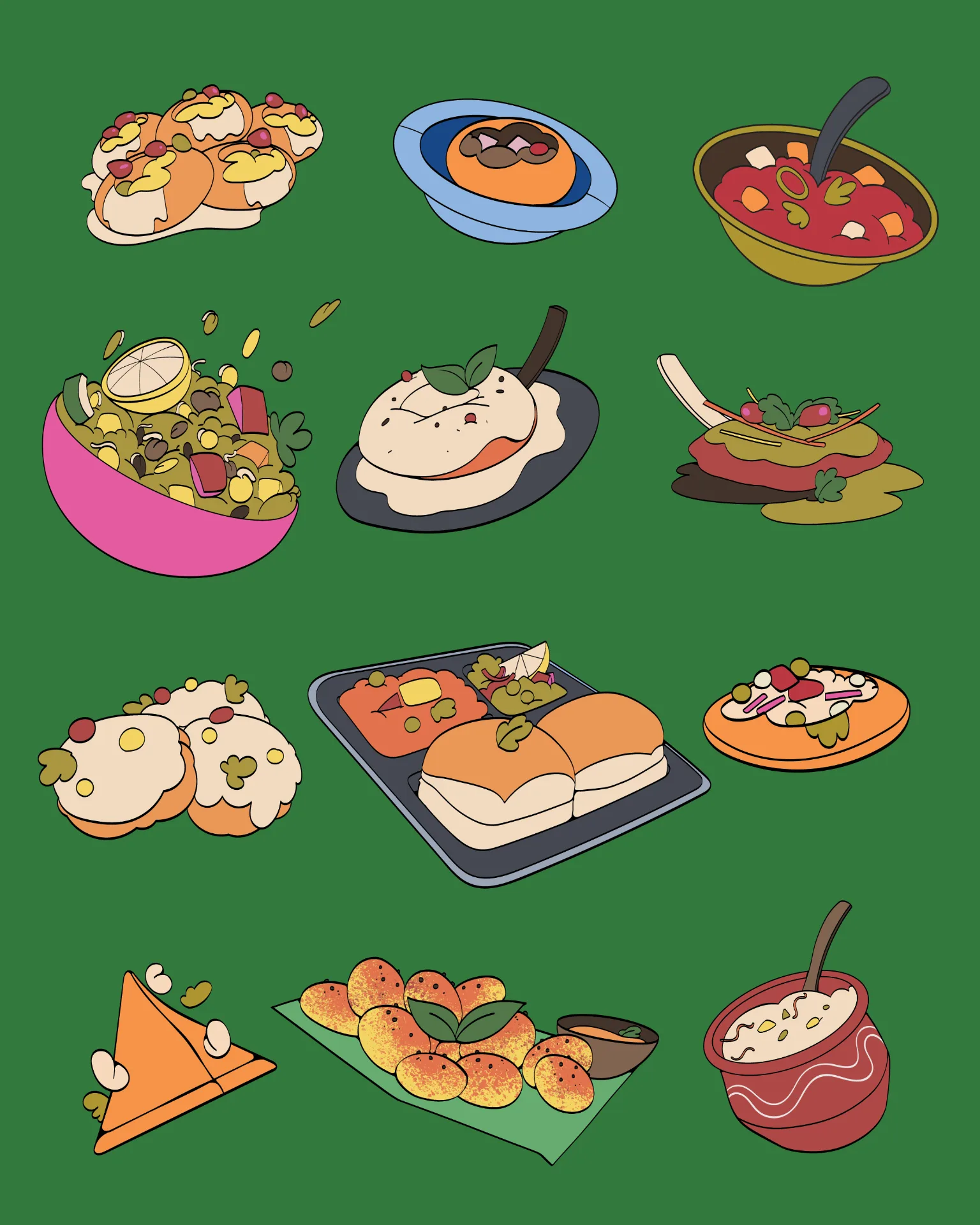 CHAATERY - Illustrated chaat menu items collection on green background