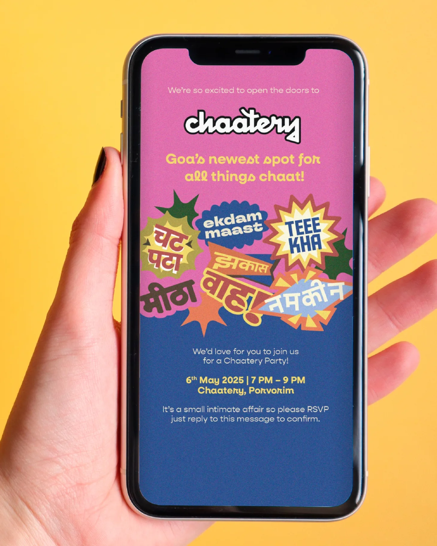CHAATERY - Mobile invitation announcing Goa's newest spot for all things chaat