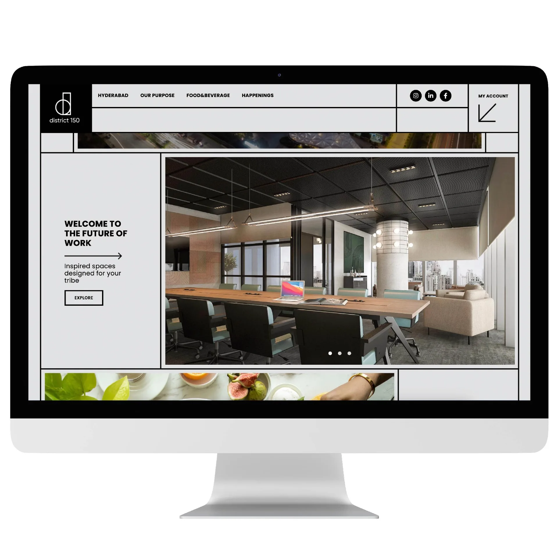 District 150 - Homepage design showing 'Welcome to the Future of Work' with modern office spaces