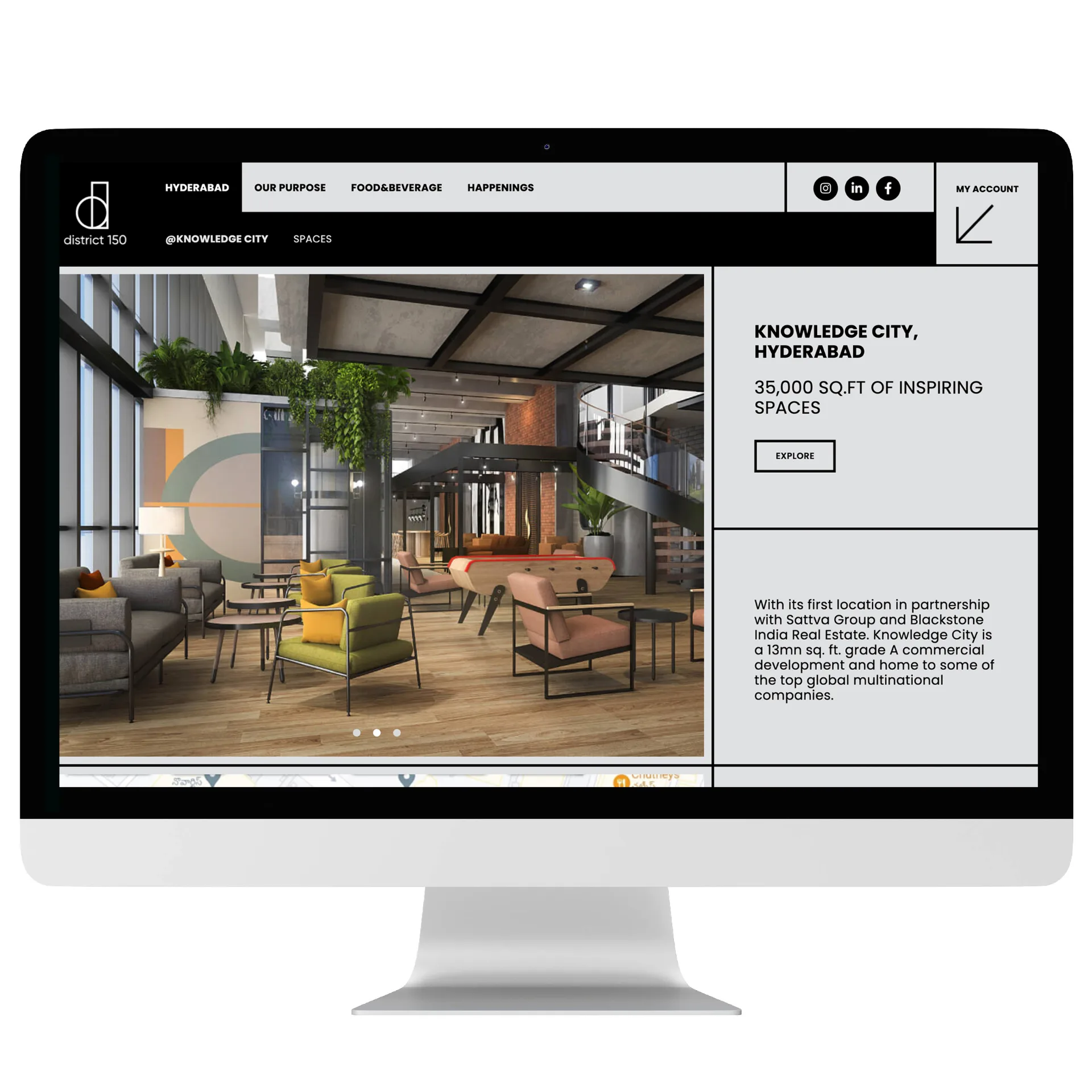 District 150 - Website design for Knowledge City Hyderabad showing modern workspace interiors