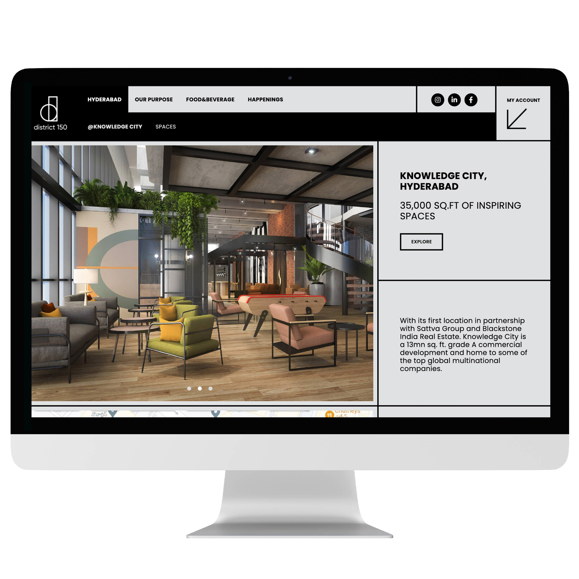 District 150 - Website design for Knowledge City Hyderabad showing modern workspace interiors
