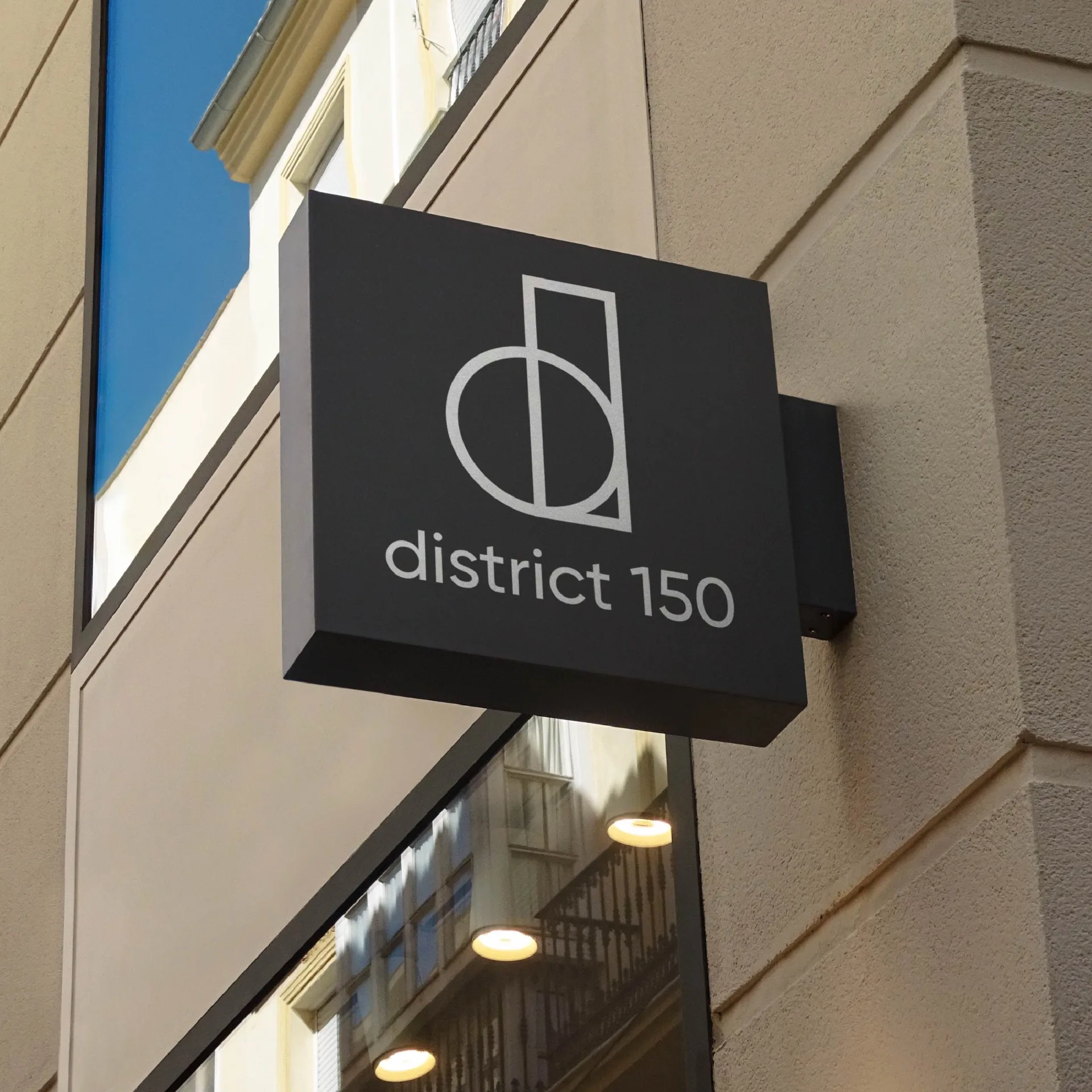 District 150 - Exterior signage with logo and brand typography