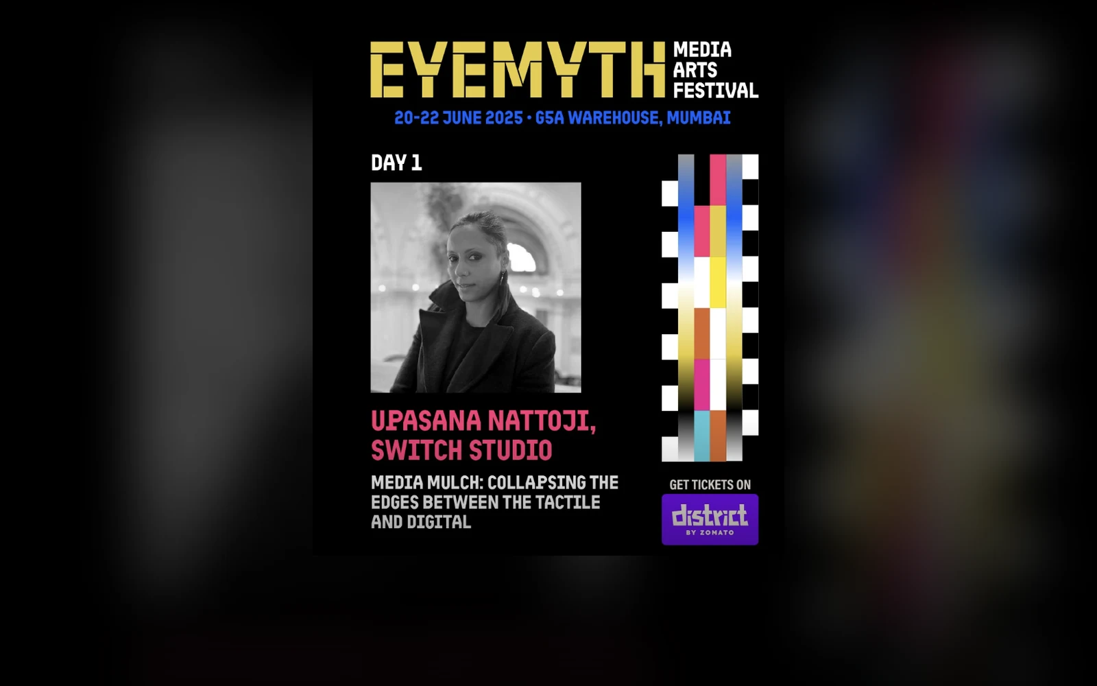 Eye Myth Media Arts Festival poster — Upasana Nattoji of Switch Studio presenting Media Mulch on Day 1, 20-22 June 2025 at G5A Warehouse, Mumbai