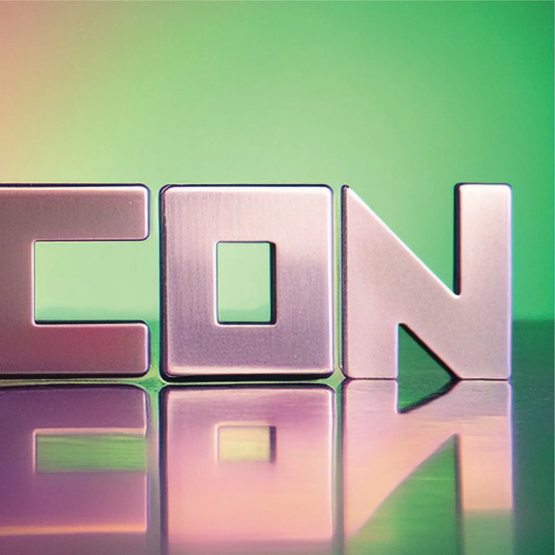 GamingCon brand identity featuring metallic letters CON on reflective surface with gradient background