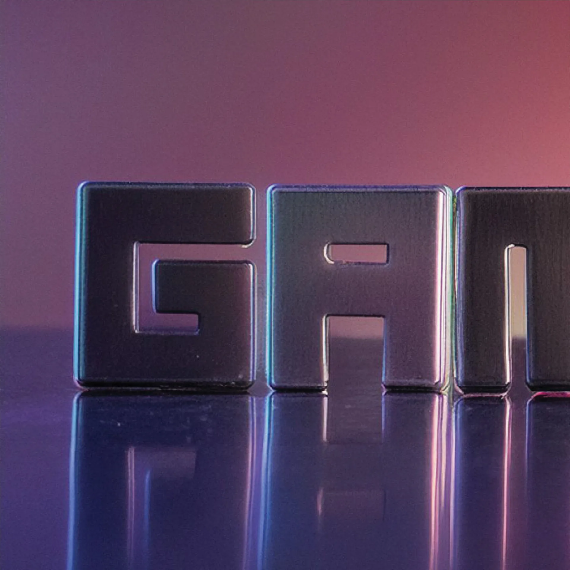 GamingCon metallic logo letters GAM on reflective surface with purple and pink gradient