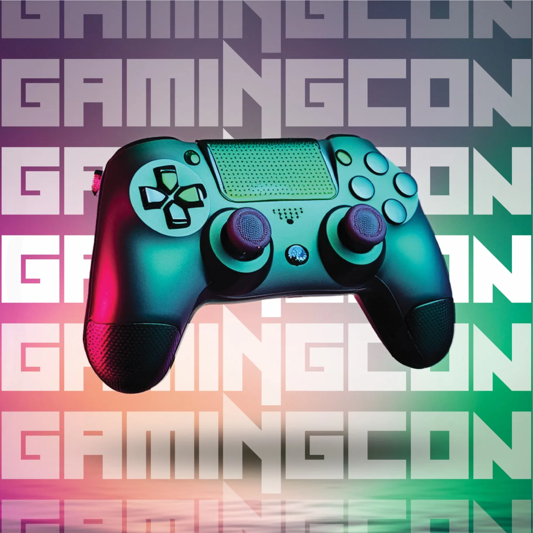 GamingCon gaming controller with gradient pink to green background and repeated brand pattern