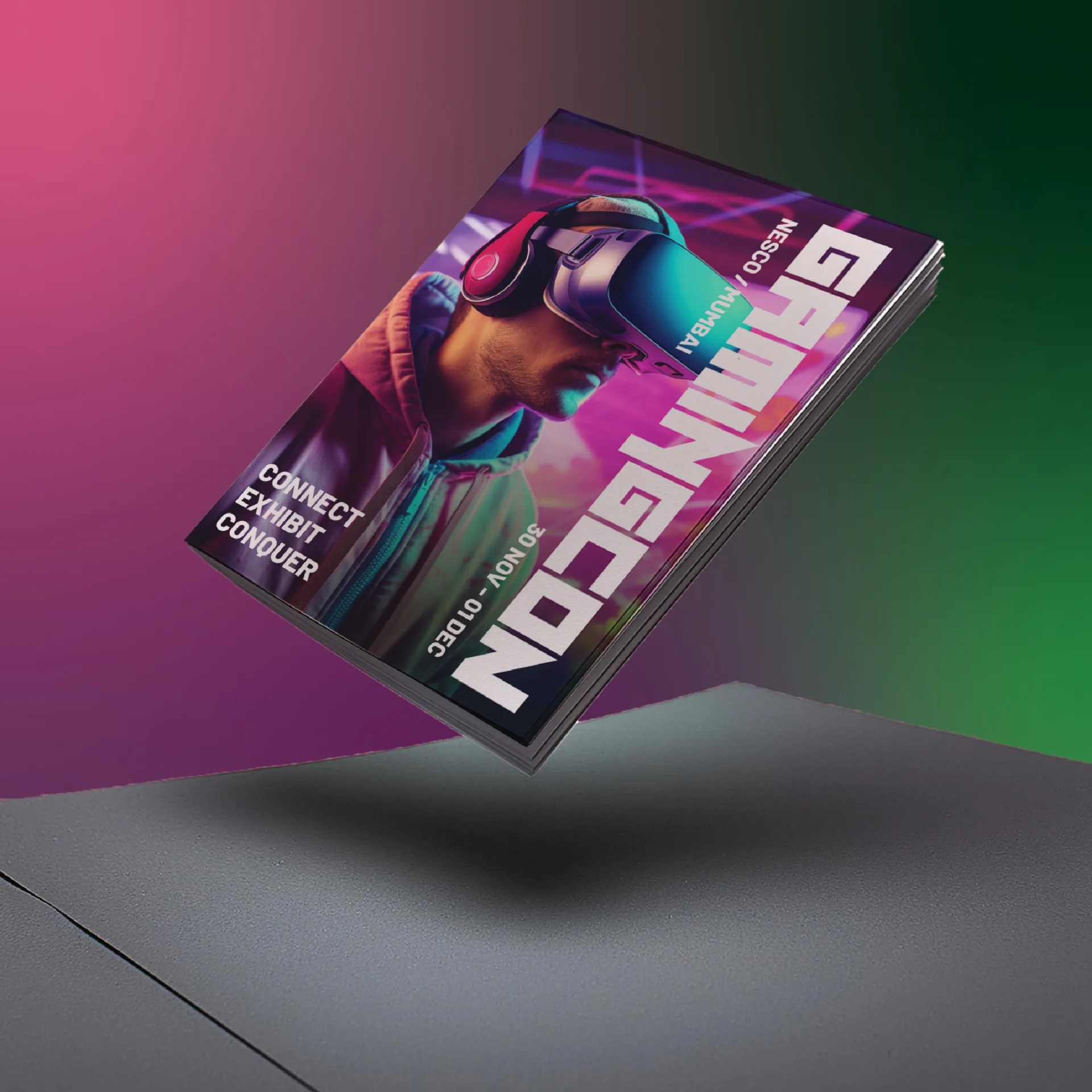 GamingCon event brochure mockup featuring VR headset and Connect Exhibit Conquer tagline