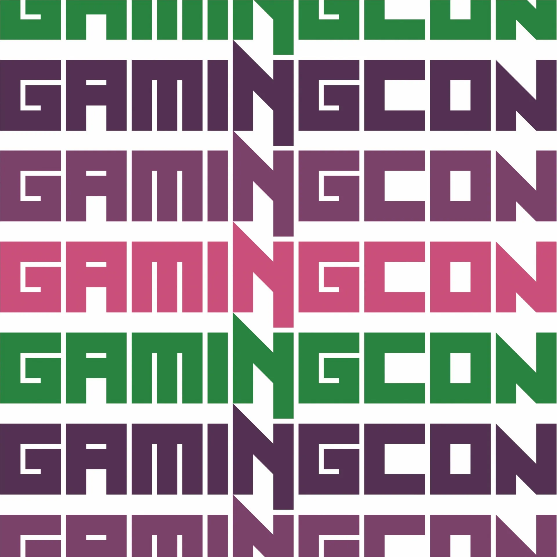 GamingCon brand pattern featuring repeated logo in green, purple, and pink color variations