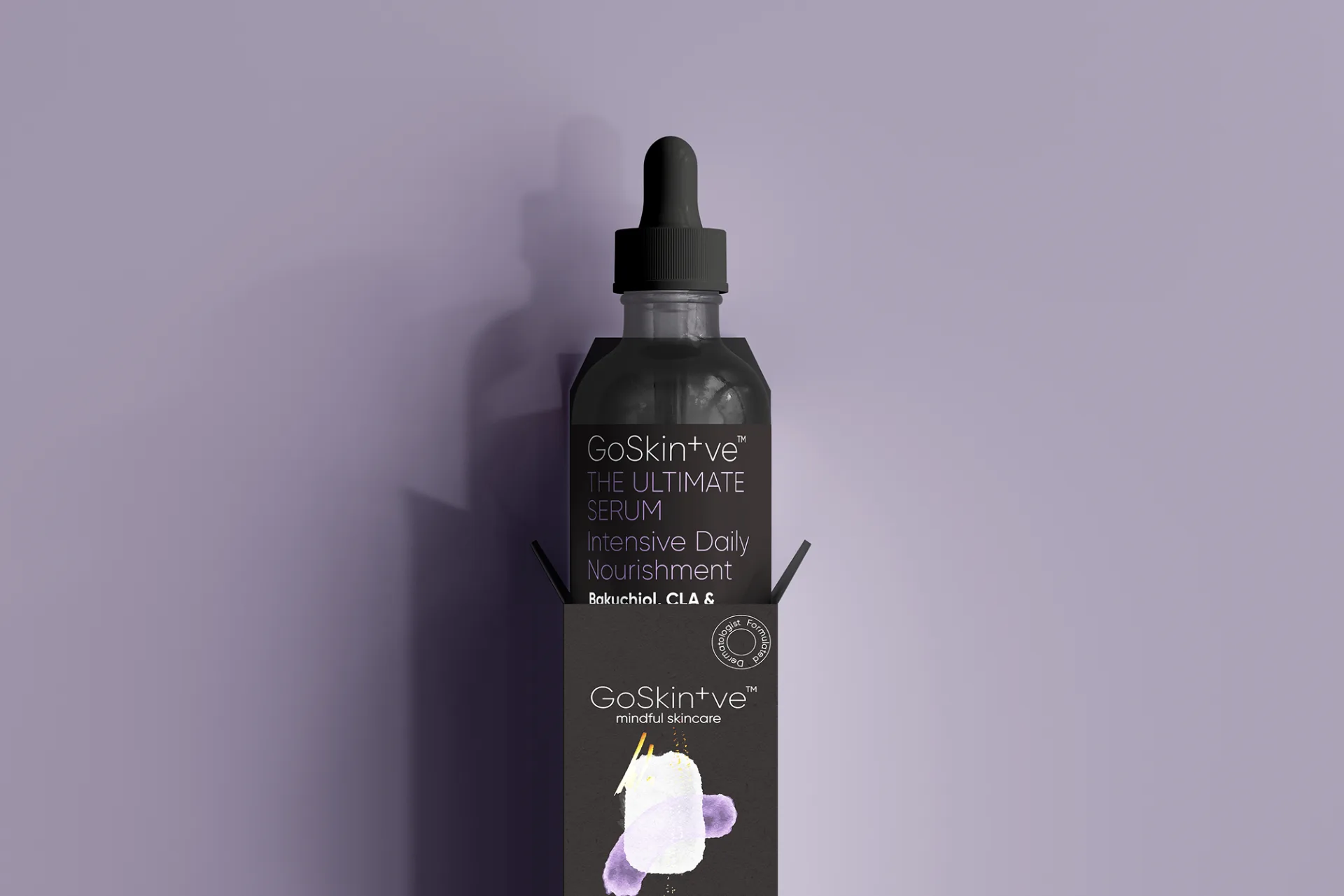 GoSkin+ve Ultimate Serum bottle against purple background featuring intensive daily nourishment with Bakuchiol and CLA