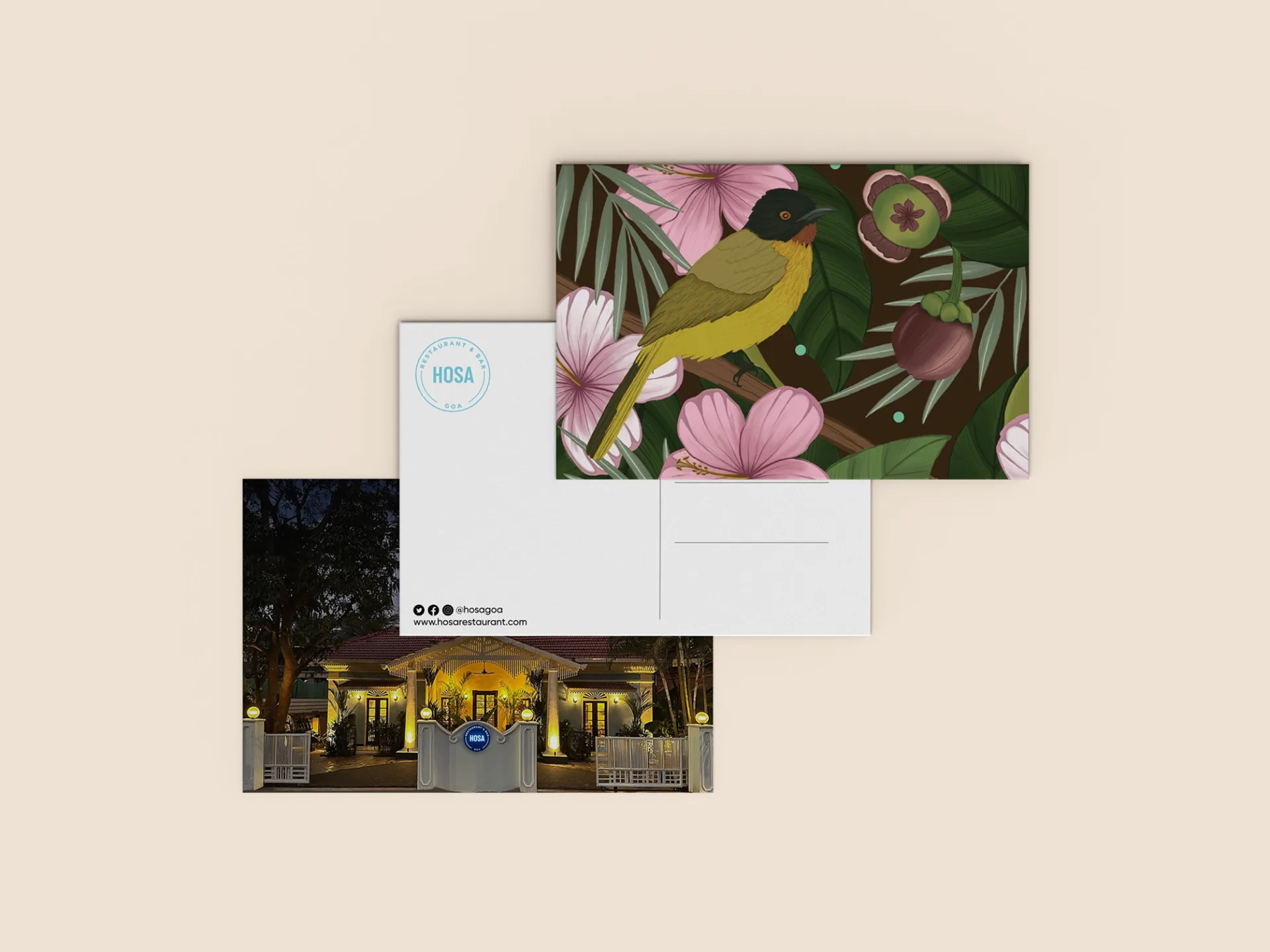 HOSA GOA - Branded postcards featuring botanical illustrations and restaurant exterior