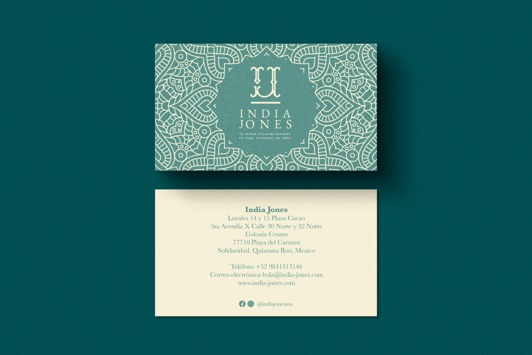 India Jones - Business card design with teal and cream color scheme featuring geometric patterns