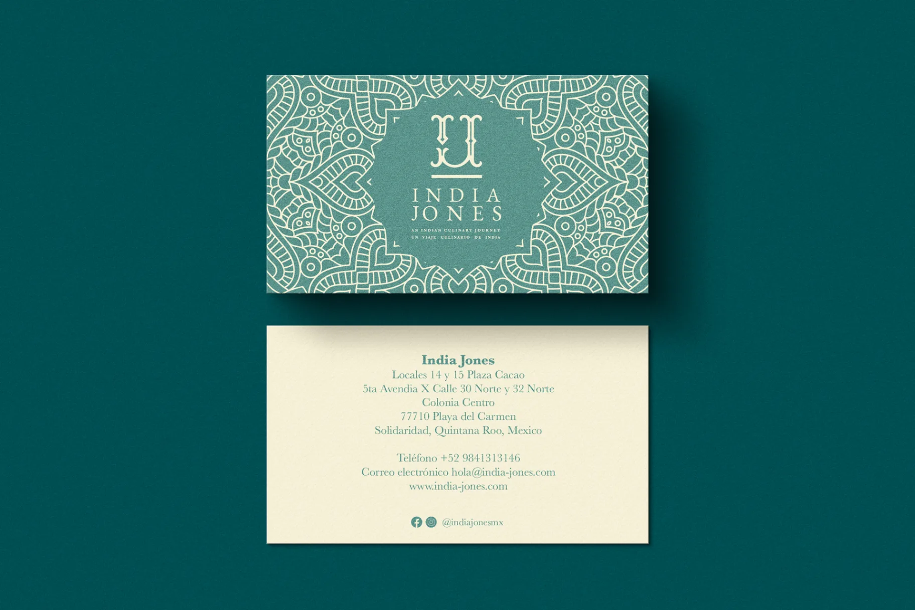 India Jones - Business card design with teal and cream color scheme featuring geometric patterns