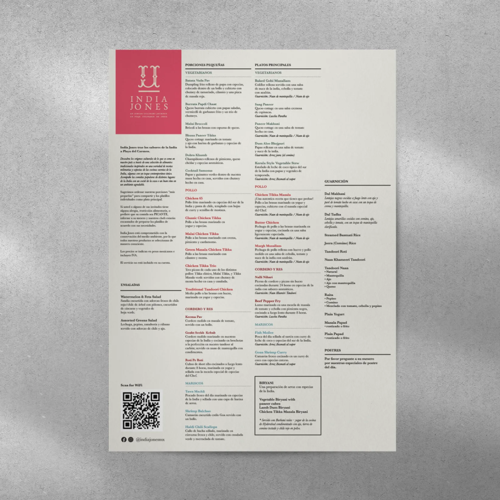 India Jones - Menu mockup showcasing brand identity and restaurant materials