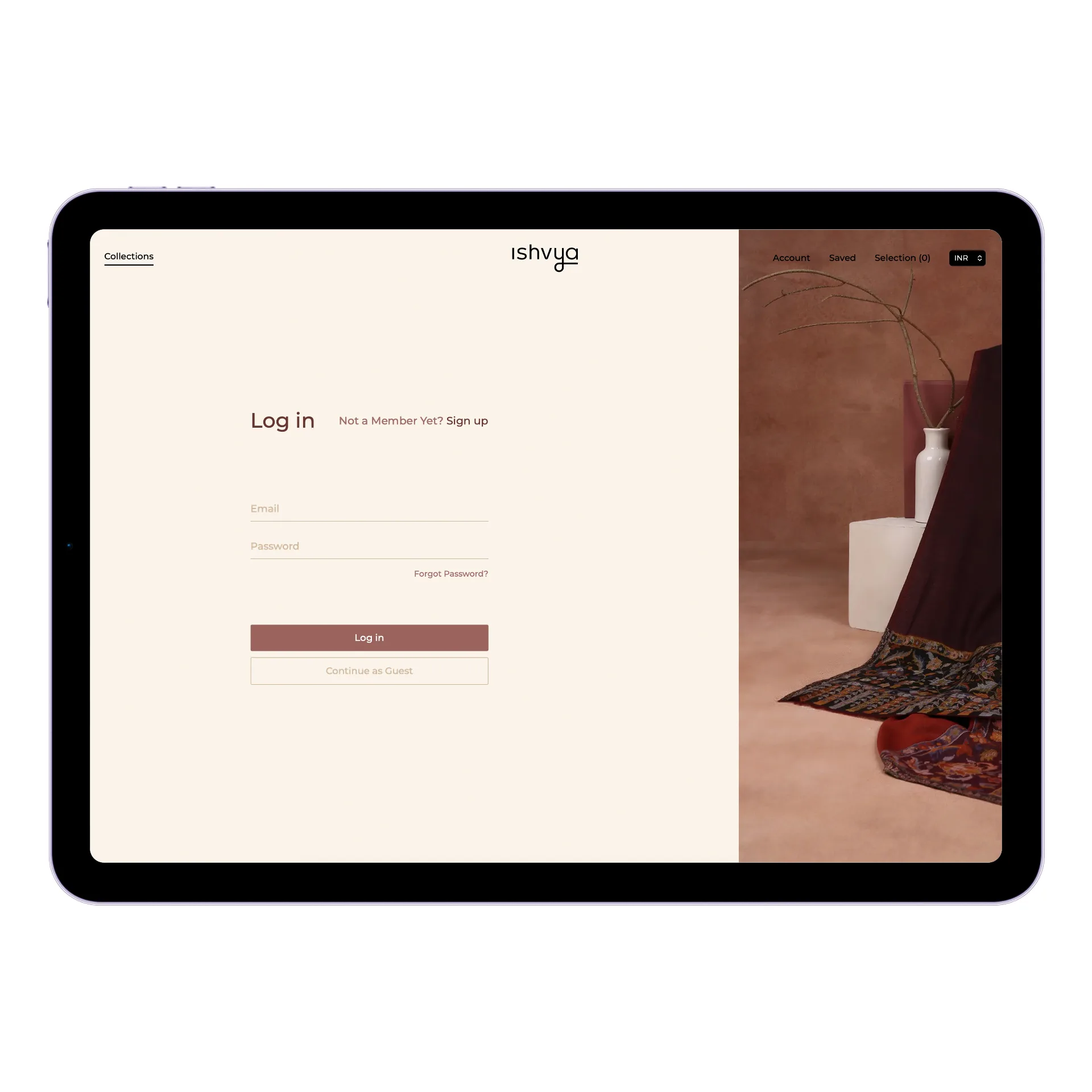 Ishvya website - login page on iPad