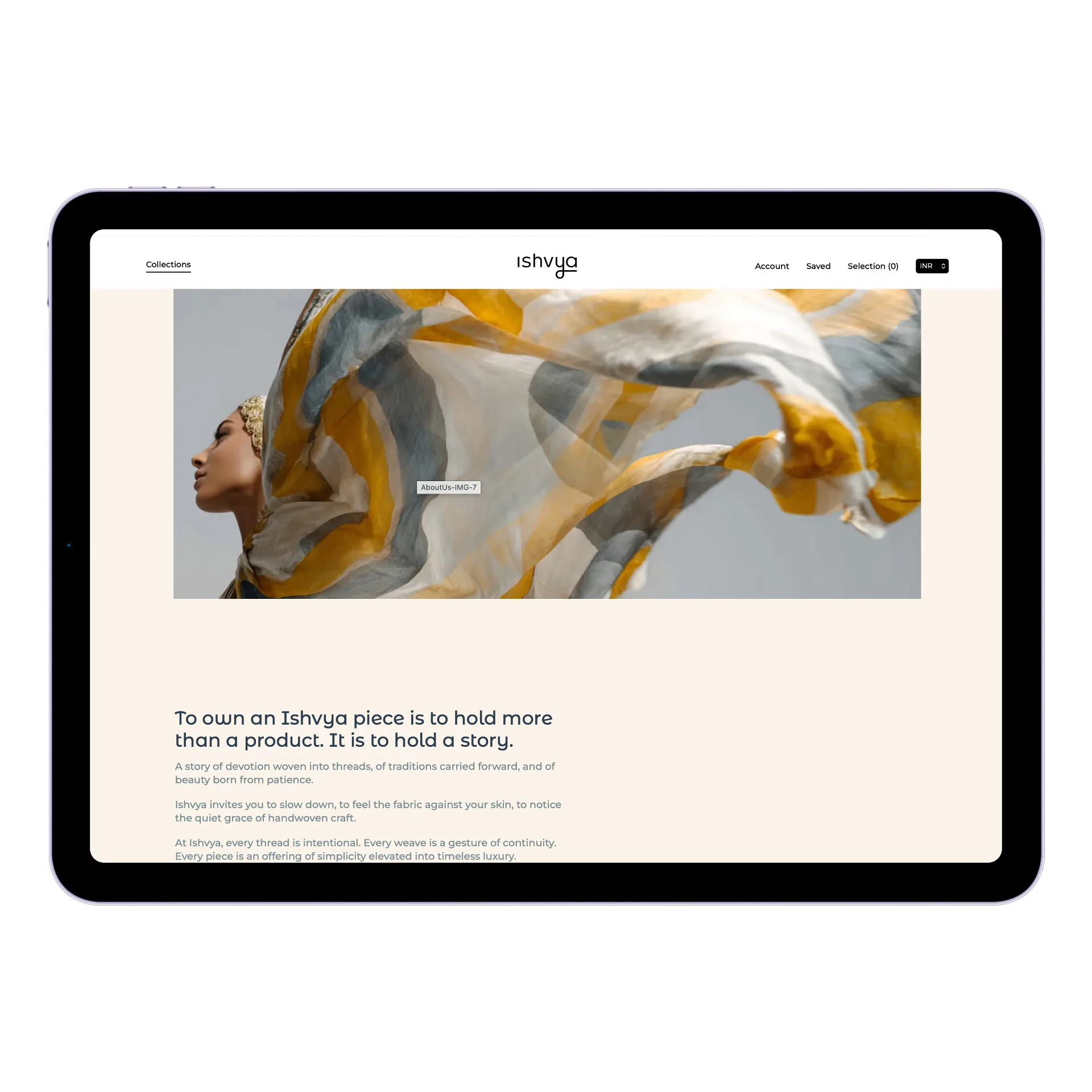 Ishvya website - about page on iPad