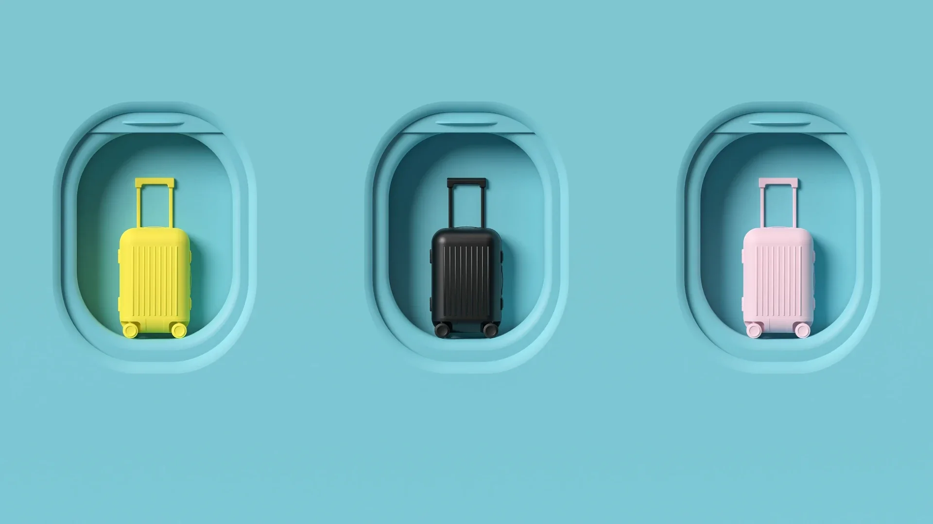 Three suitcases in airplane window recesses — Wherever Your Journey Takes You