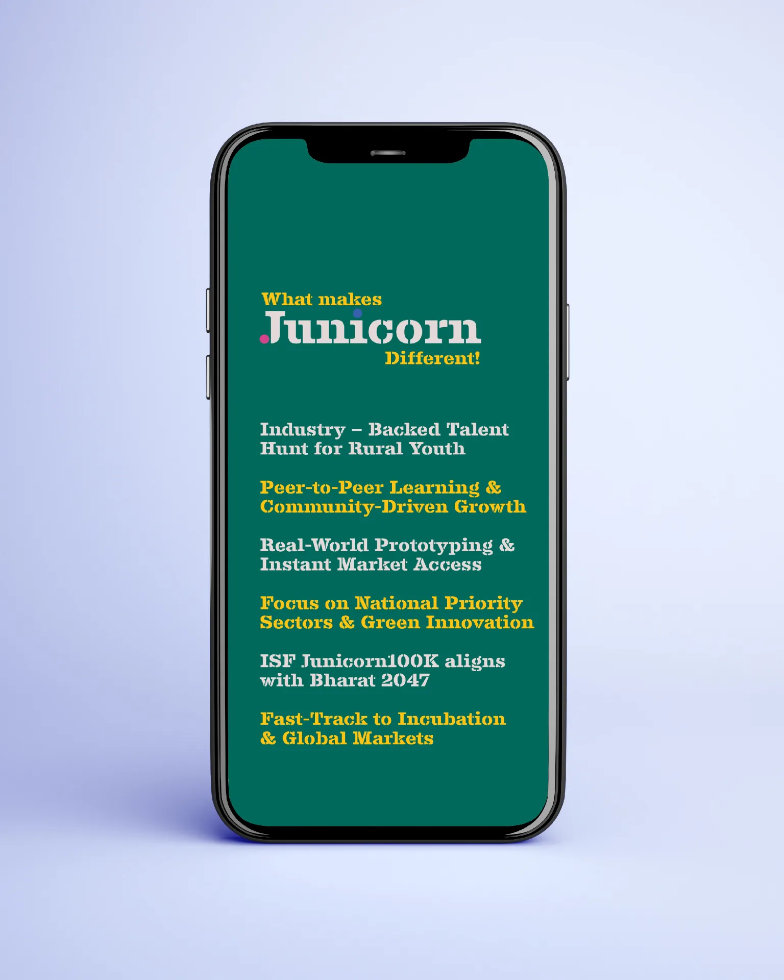 JUNICORN - Mobile screen showing What makes Junicorn Different program details
