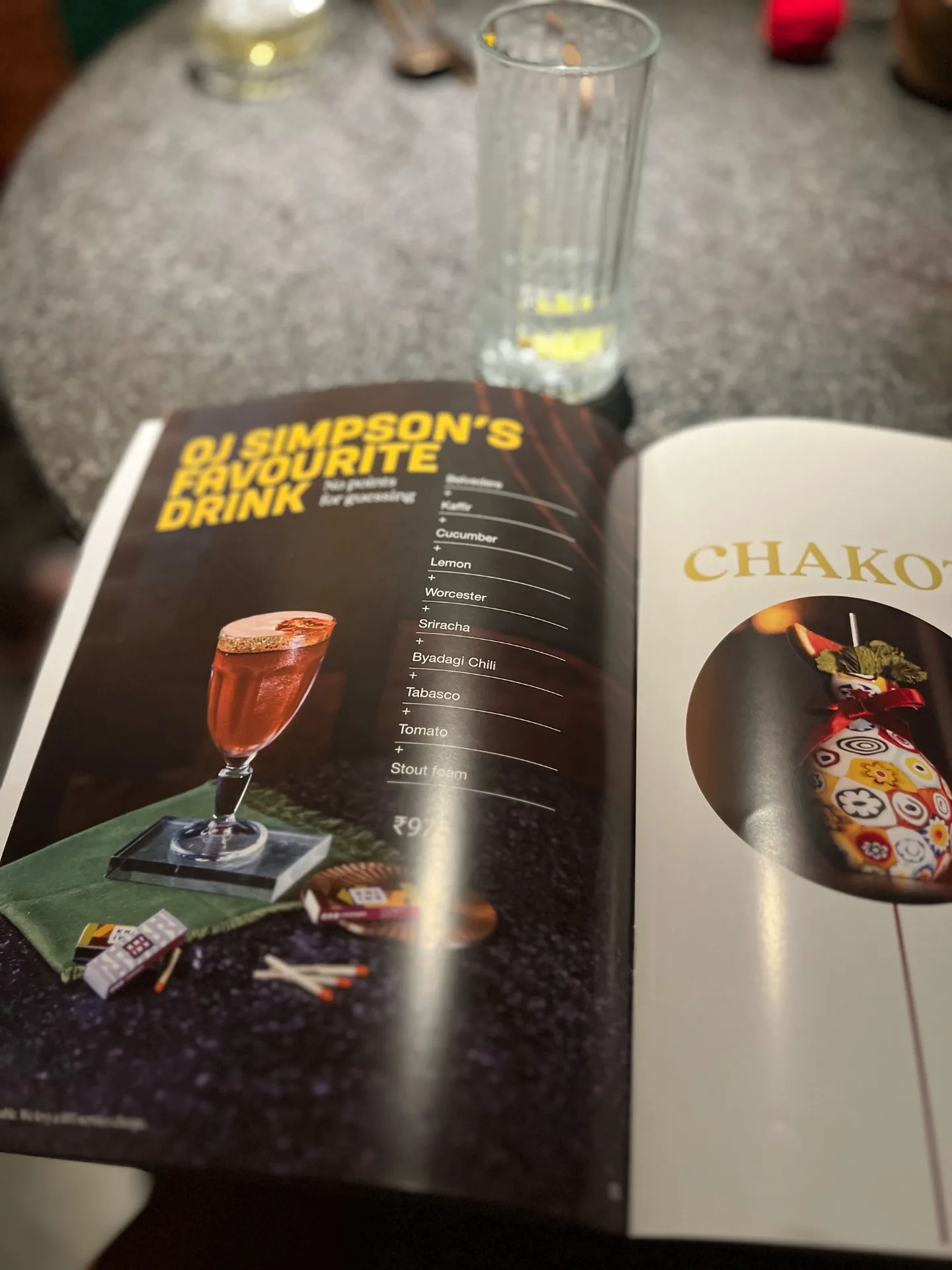 KHI KHI cocktail menu showcasing OJ Simpson's Favourite Drink with detailed ingredients and brand styling