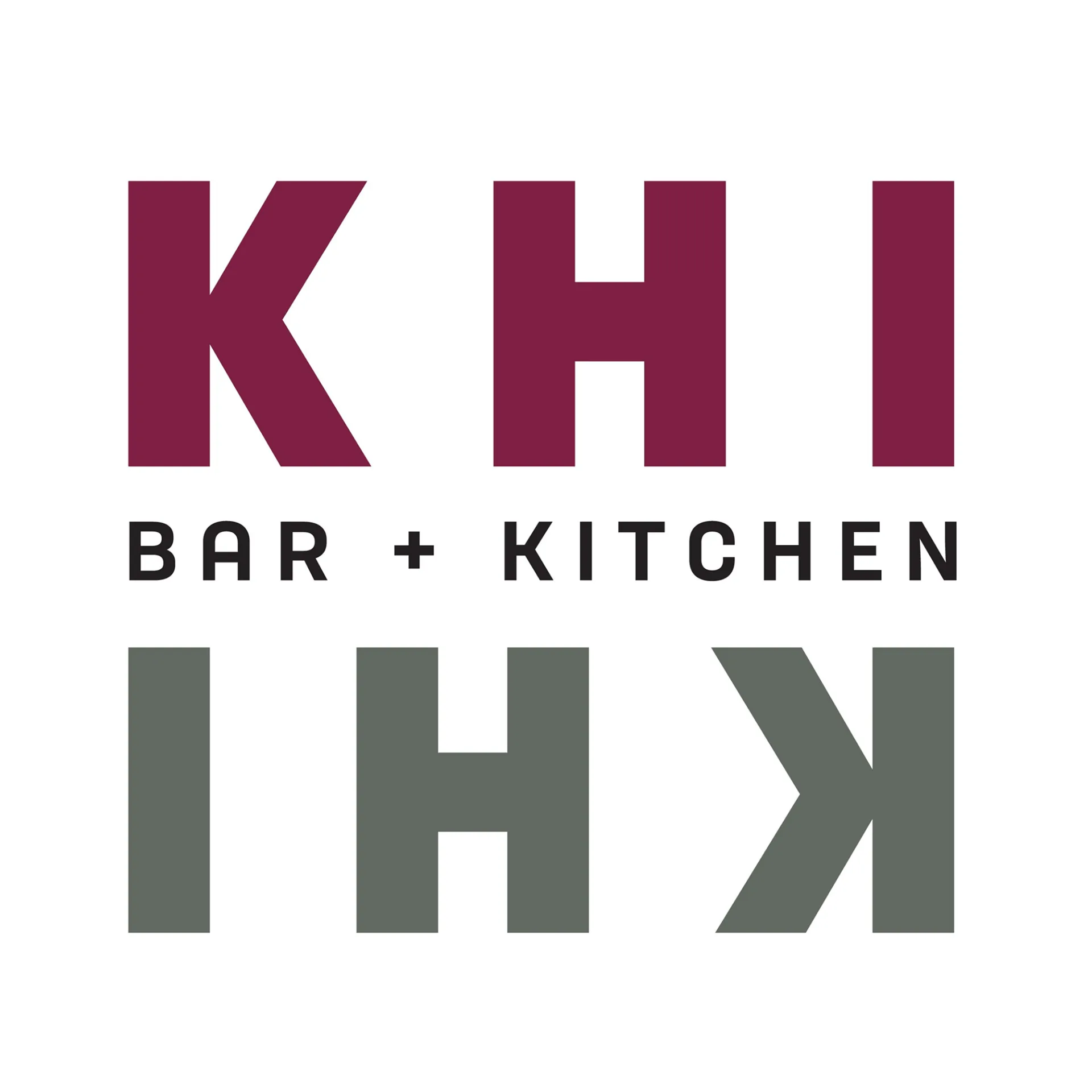 KHI KHI brand logo featuring bold burgundy and olive green typography with 'BAR + KITCHEN' tagline