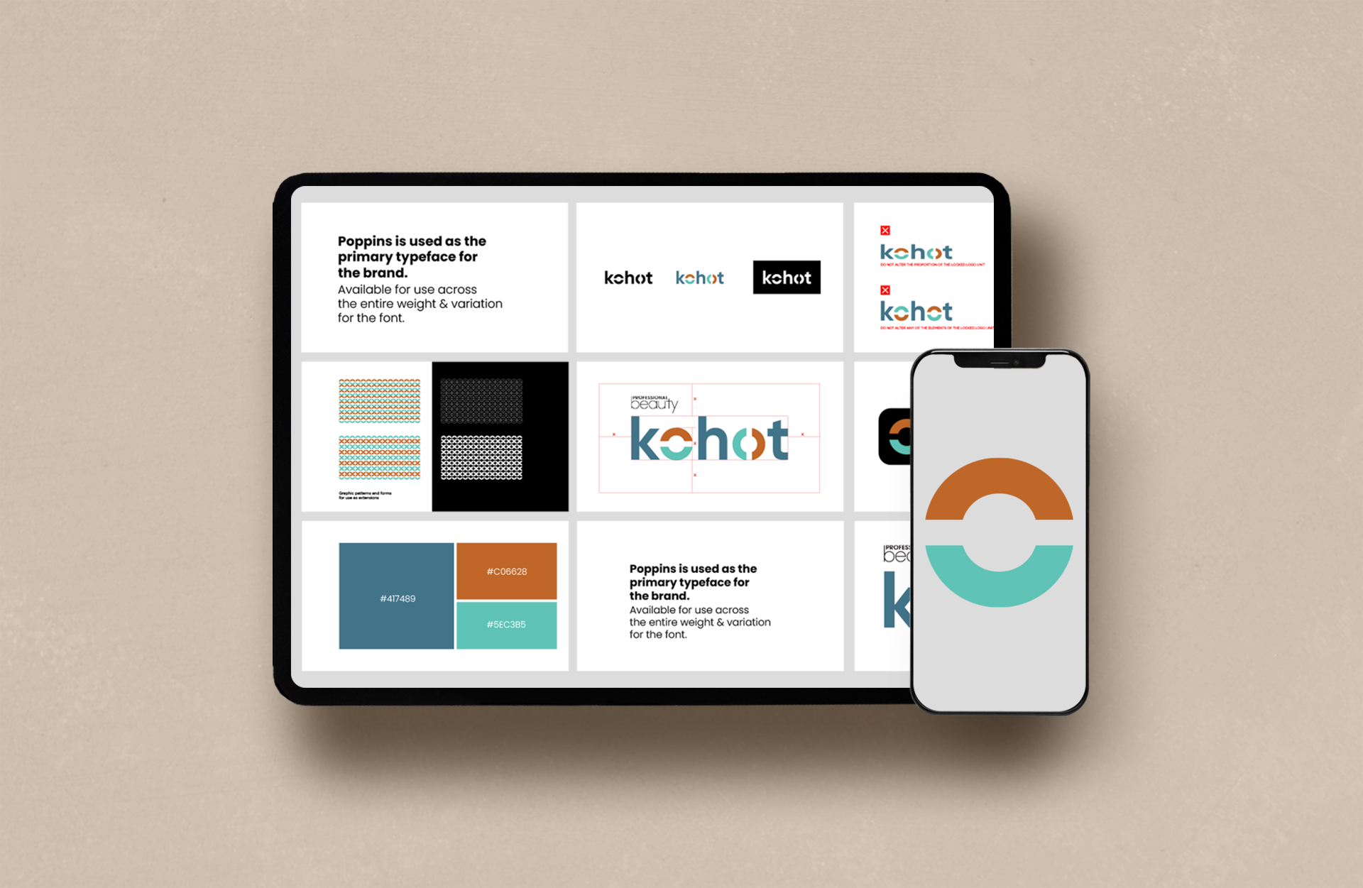 KOHOT - Brand guidelines displayed on laptop and mobile showing typography, logo variations, patterns and colors