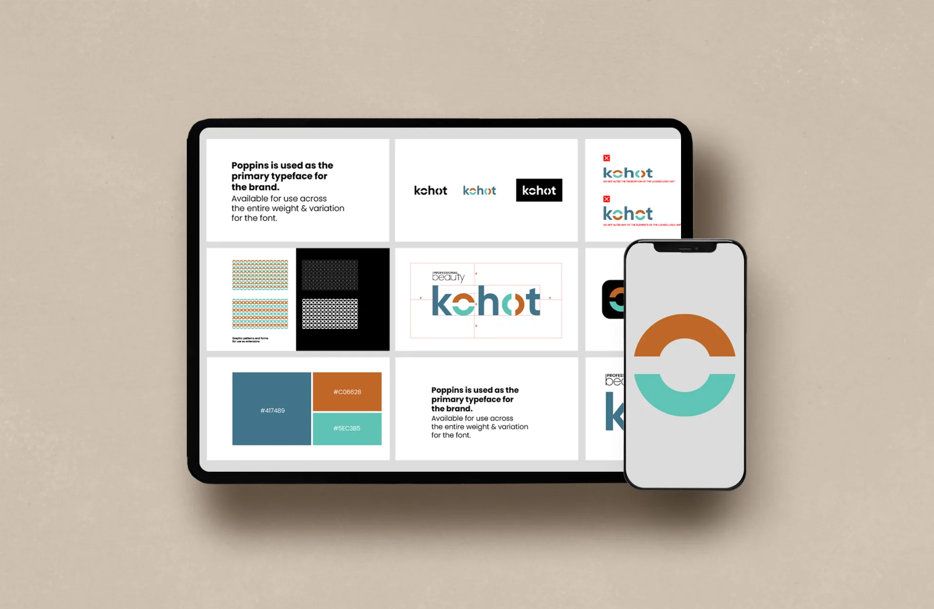 KOHOT - Brand guidelines displayed on laptop and mobile showing typography, logo variations, patterns and colors