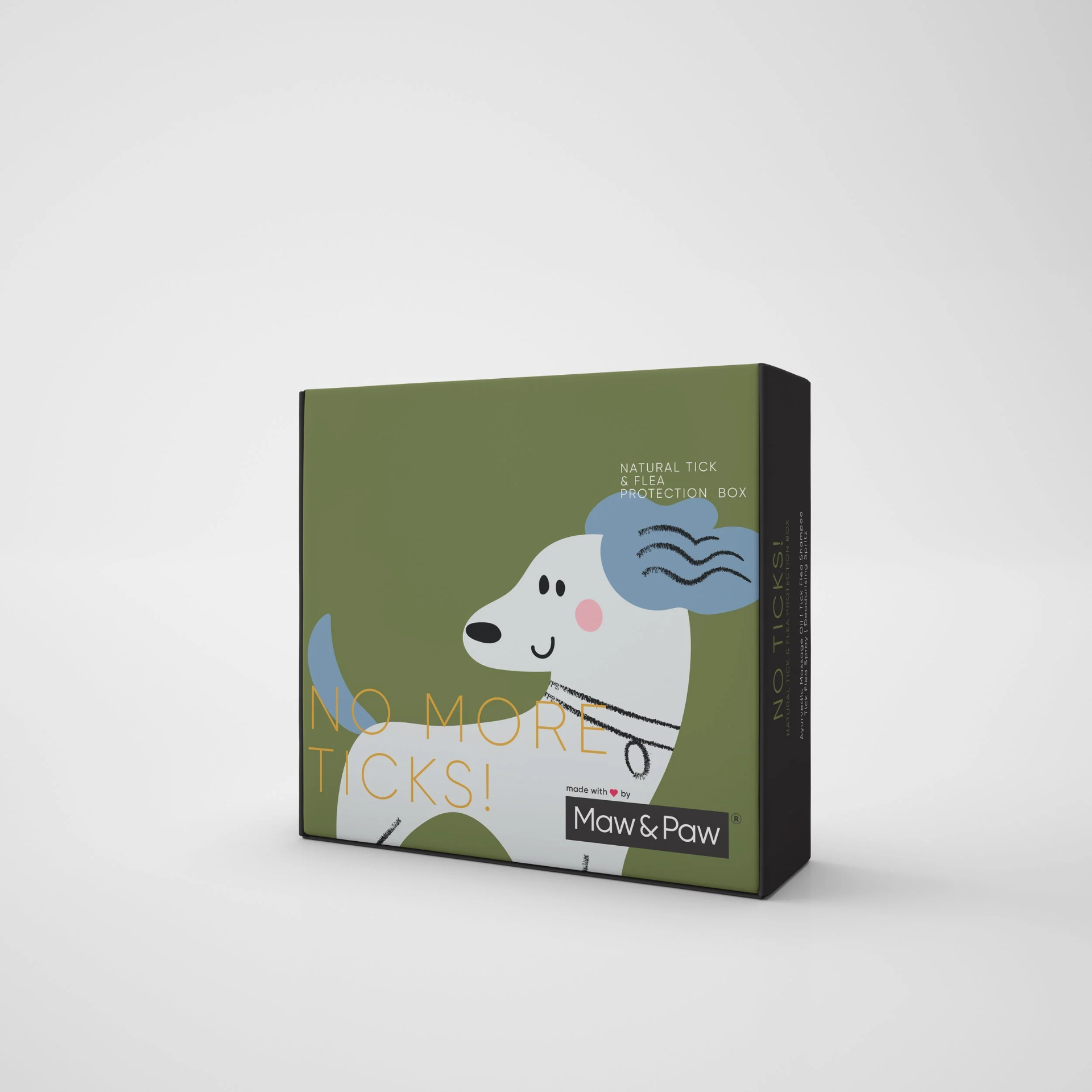 Maw & Paw natural tick and flea protection box with playful dog illustration