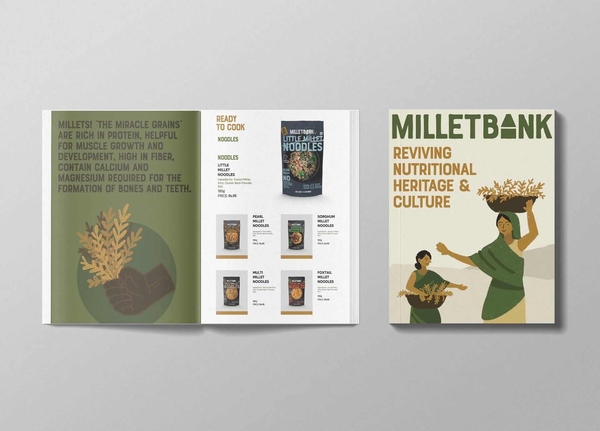 Millet Bank - Product catalogue showing noodles and nutritional heritage with cultural illustrations