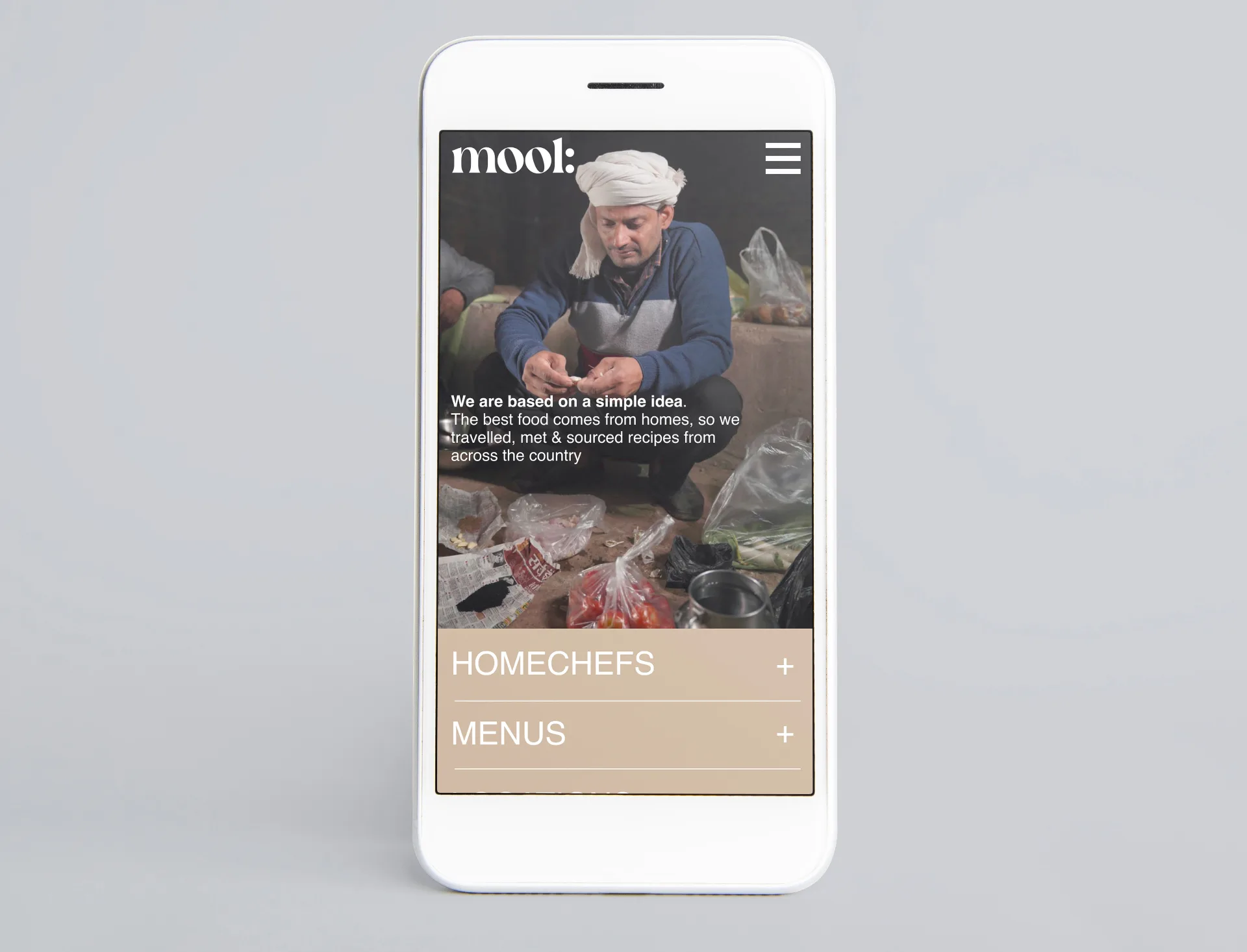Mool - Mobile app interface showcasing home chefs and menus