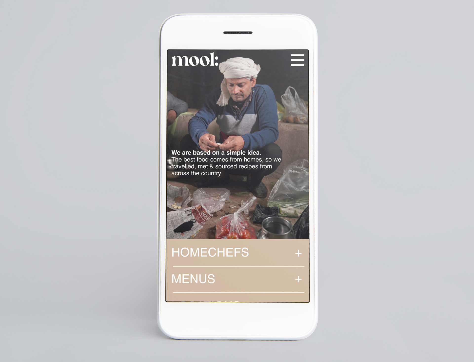 Mool - Mobile app interface showcasing home chefs and menus