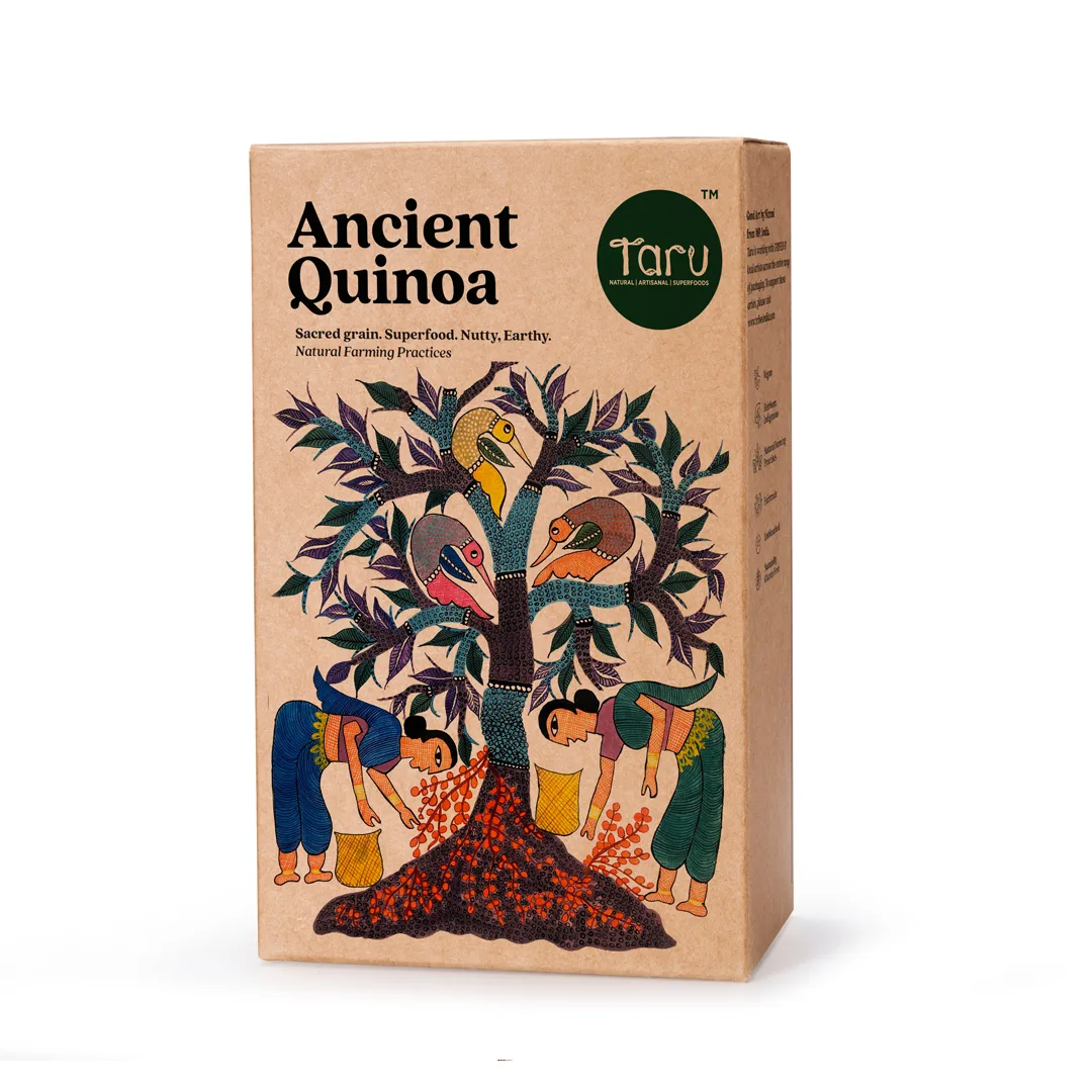 Taru Naturals - Ancient Quinoa packaging with Gond art depicting farmers around tree with birds and harvest themes
