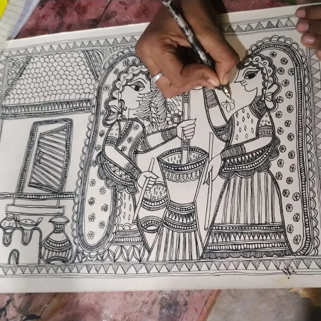 Taru Naturals - Tribal artist hand-drawing traditional Madhubani art illustration showing cultural farming practices