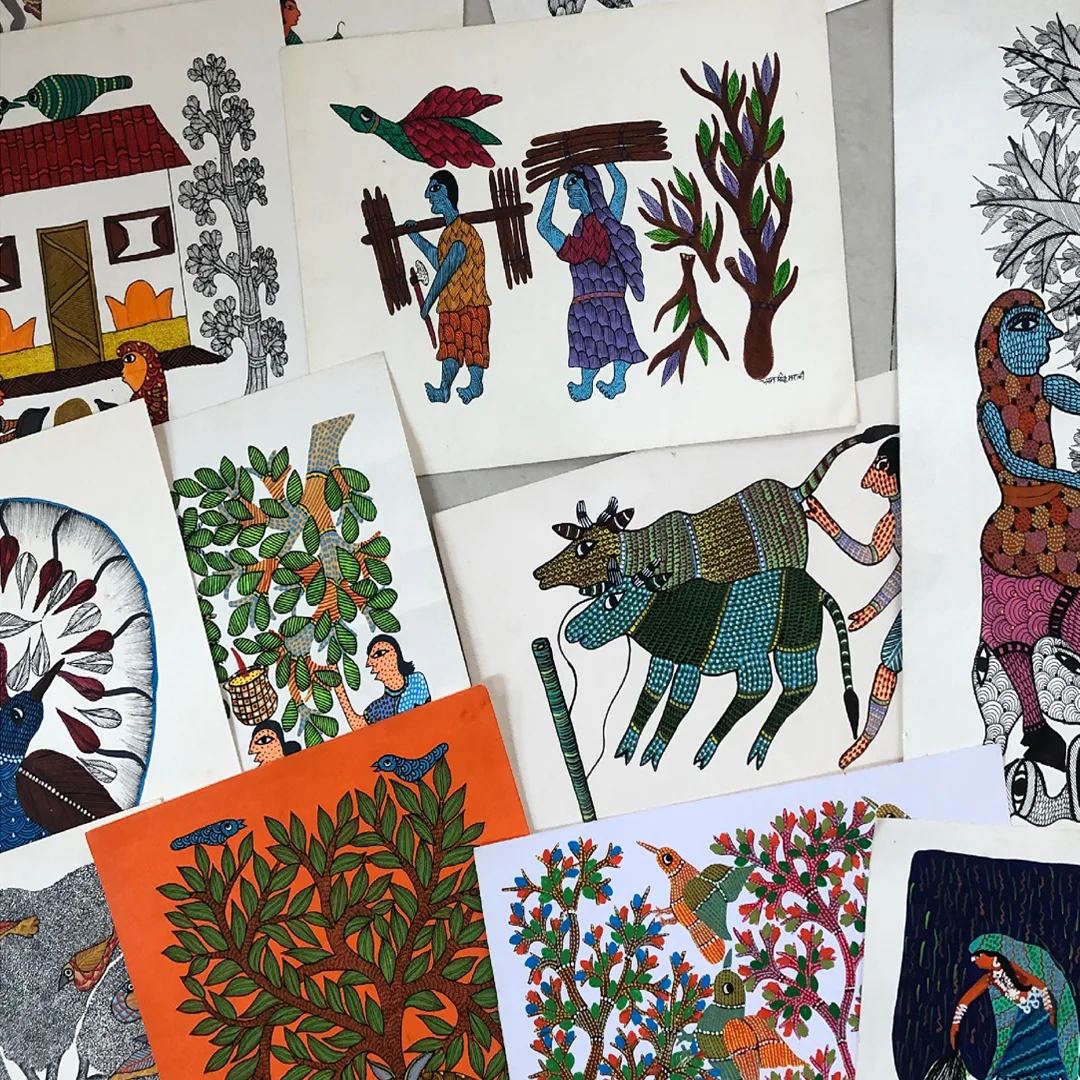 Taru Naturals - Collection of colorful Gond tribal art paintings featuring traditional motifs, animals, and nature