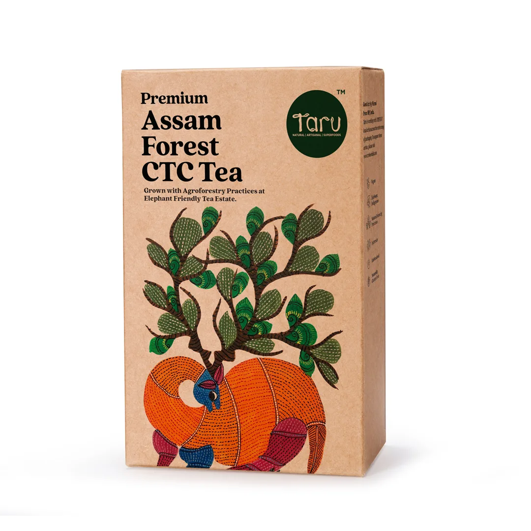 Taru Naturals - Premium Assam Forest CTC Tea box with Gond art of elephant and agroforestry practices