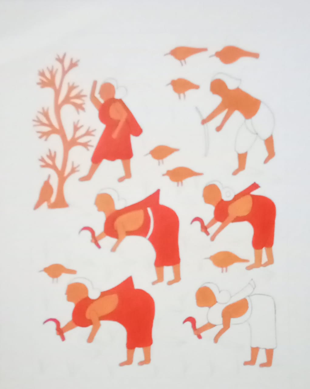 Taru Naturals - Orange and red silhouettes of farmers engaged in traditional farming activities and harvesting